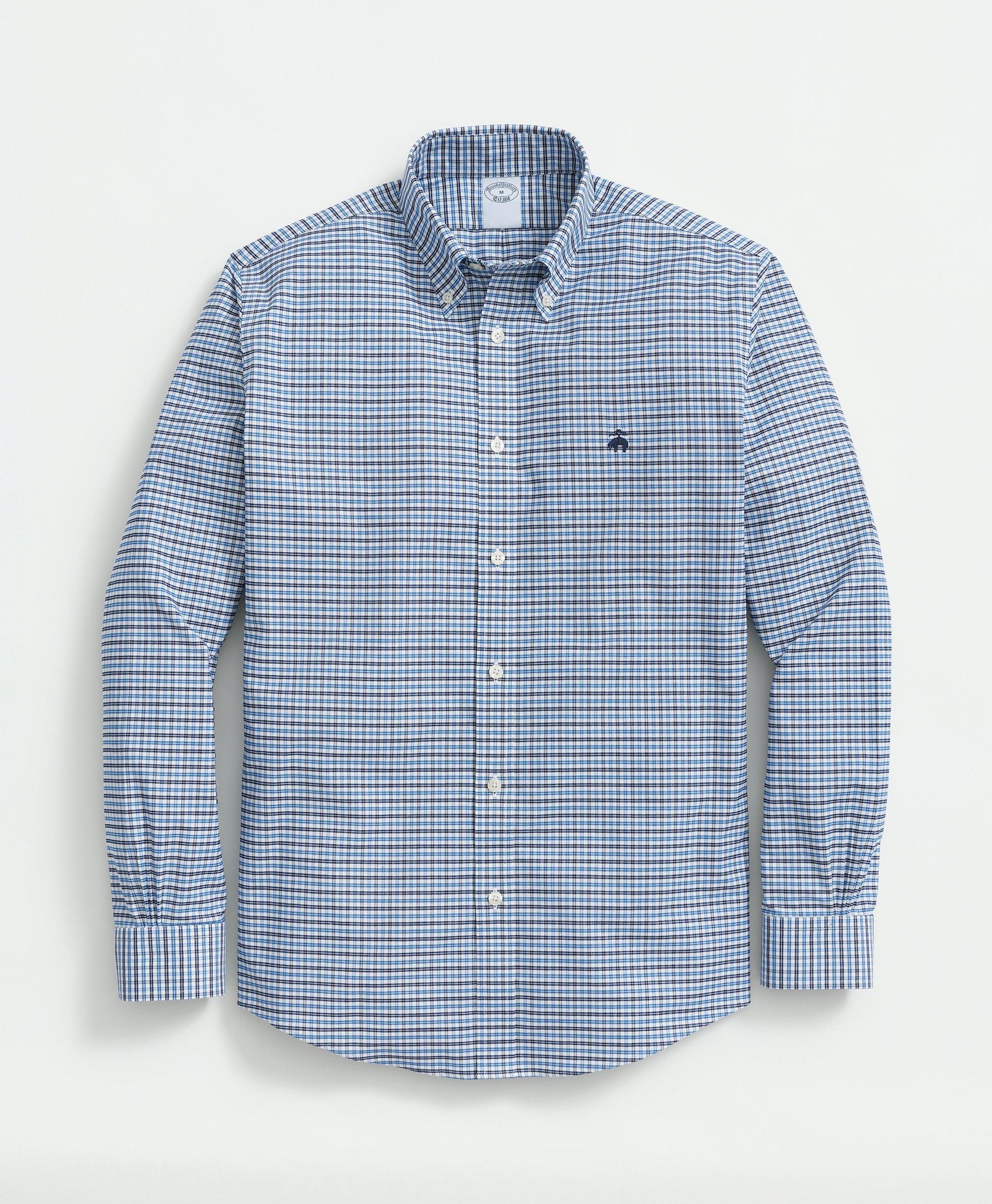 Brooks Brothers Stretch Cotton Non-iron Oxford Polo Button-down Collar, Mini-graph Checked Shirt | Bright Blue | Siz