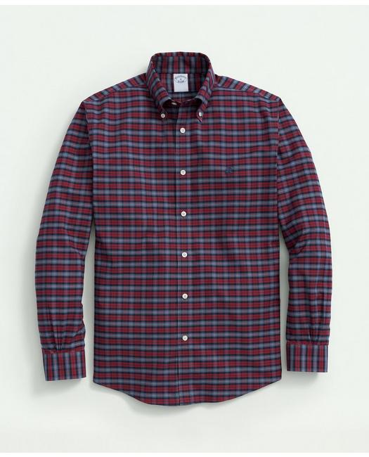 Brooks Brothers Stretch Cotton Non-iron Oxford Polo Button-down Collar, Tartan Shirt | Burgundy | Size Xs