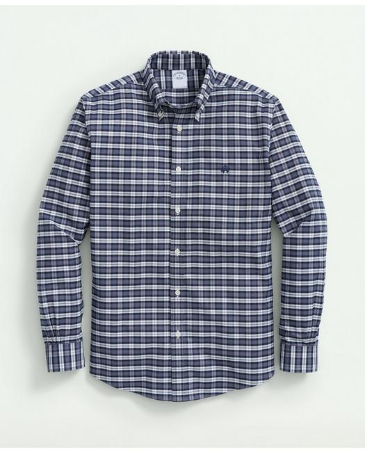 Brooks Brothers Stretch Cotton Non-iron Oxford Polo Button-down Collar, Tartan Shirt | Dark Blue | Size Medium