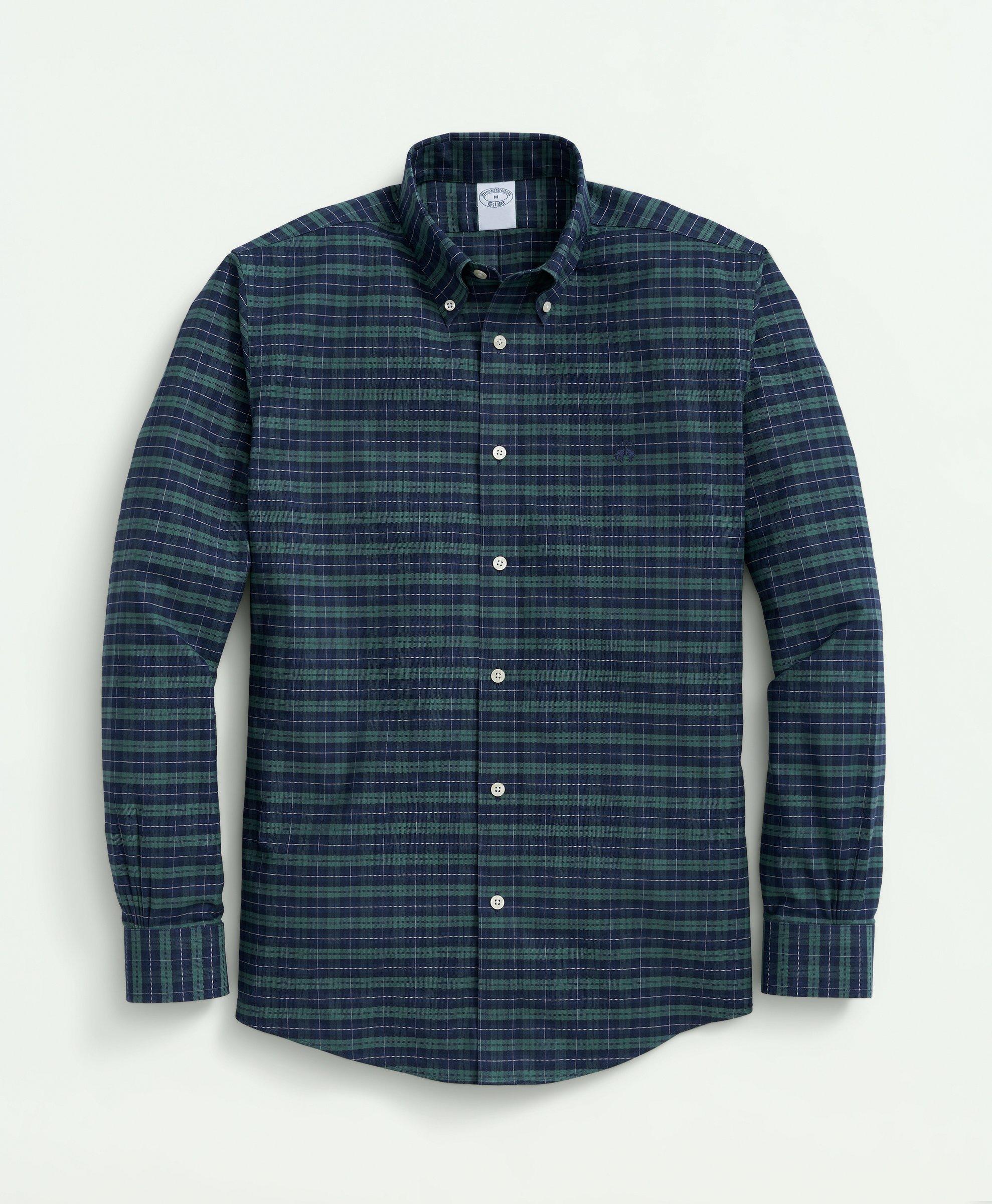 Brooks Brothers Stretch Cotton Non-iron Oxford Polo Button-down Collar, Tartan Shirt | Dark Green | Size Xl