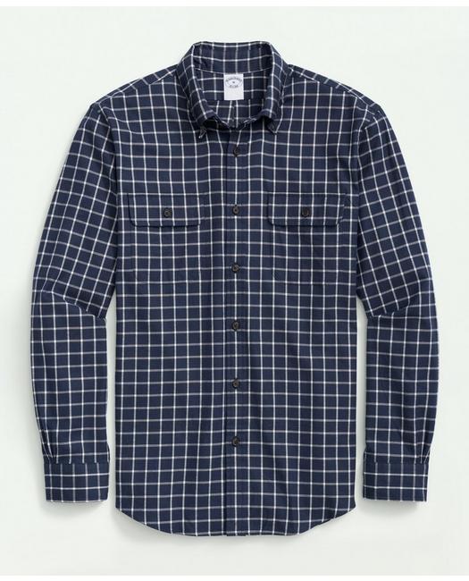 Brooks Brothers Brushed Cotton-cashmere Checked Chest-pocket Sport Shirt | Navy | Size Large