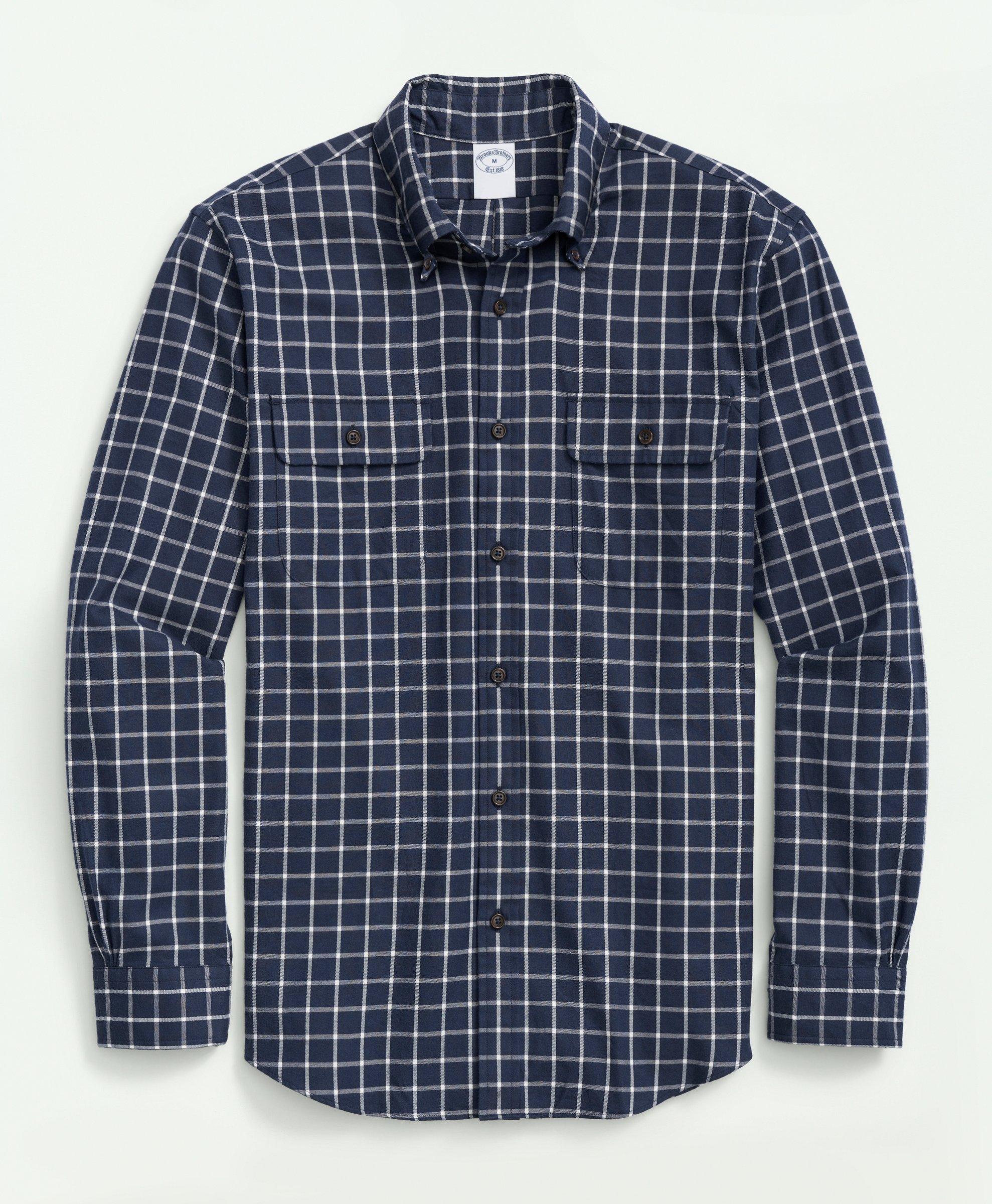Brooks Brothers Brushed Cotton-cashmere Checked Chest-pocket Sport Shirt | Navy | Size Small