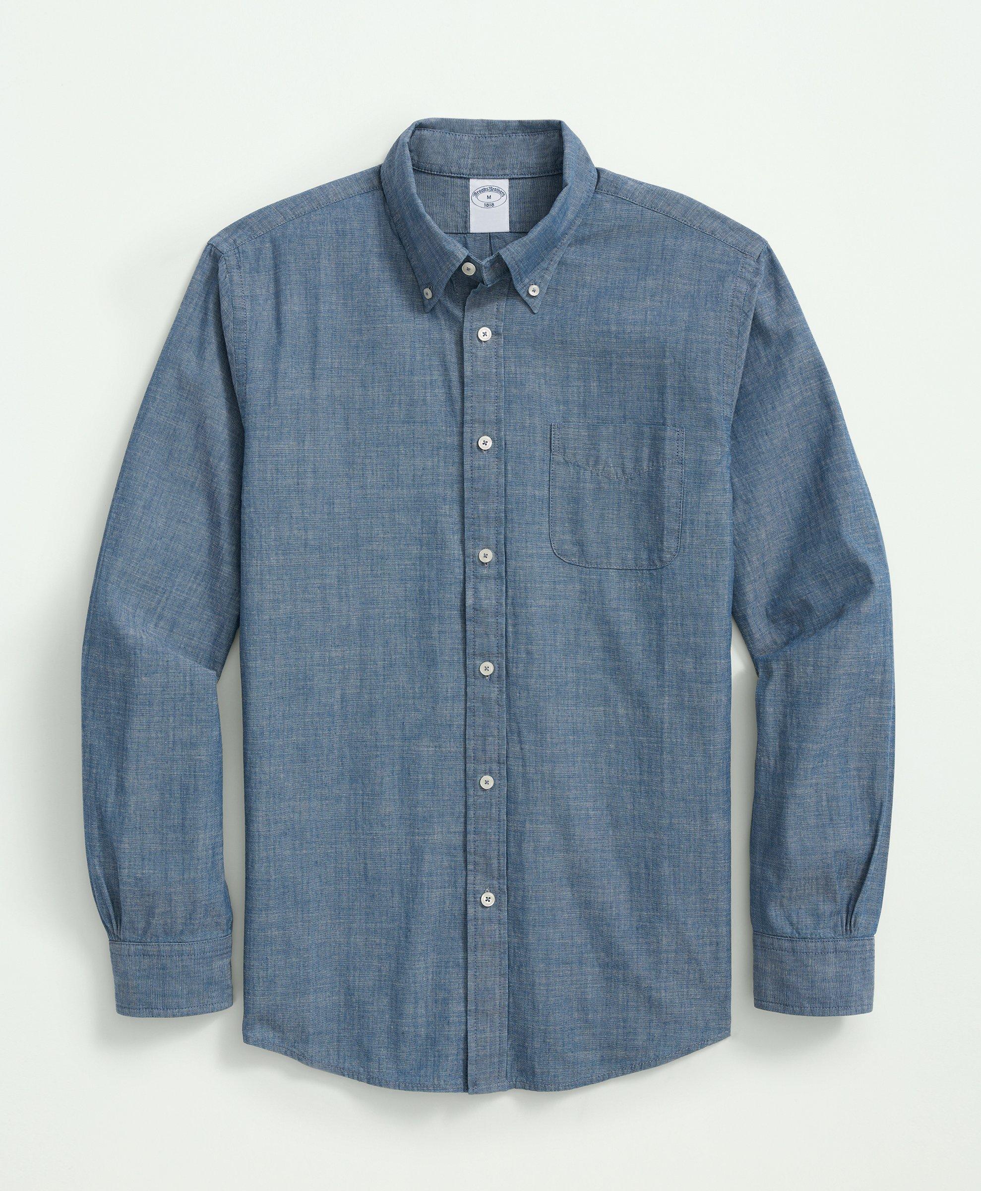 Brooks Brothers Chambray Cotton Poplin Polo Button Down Collar, Sport Shirt In Dark Blue