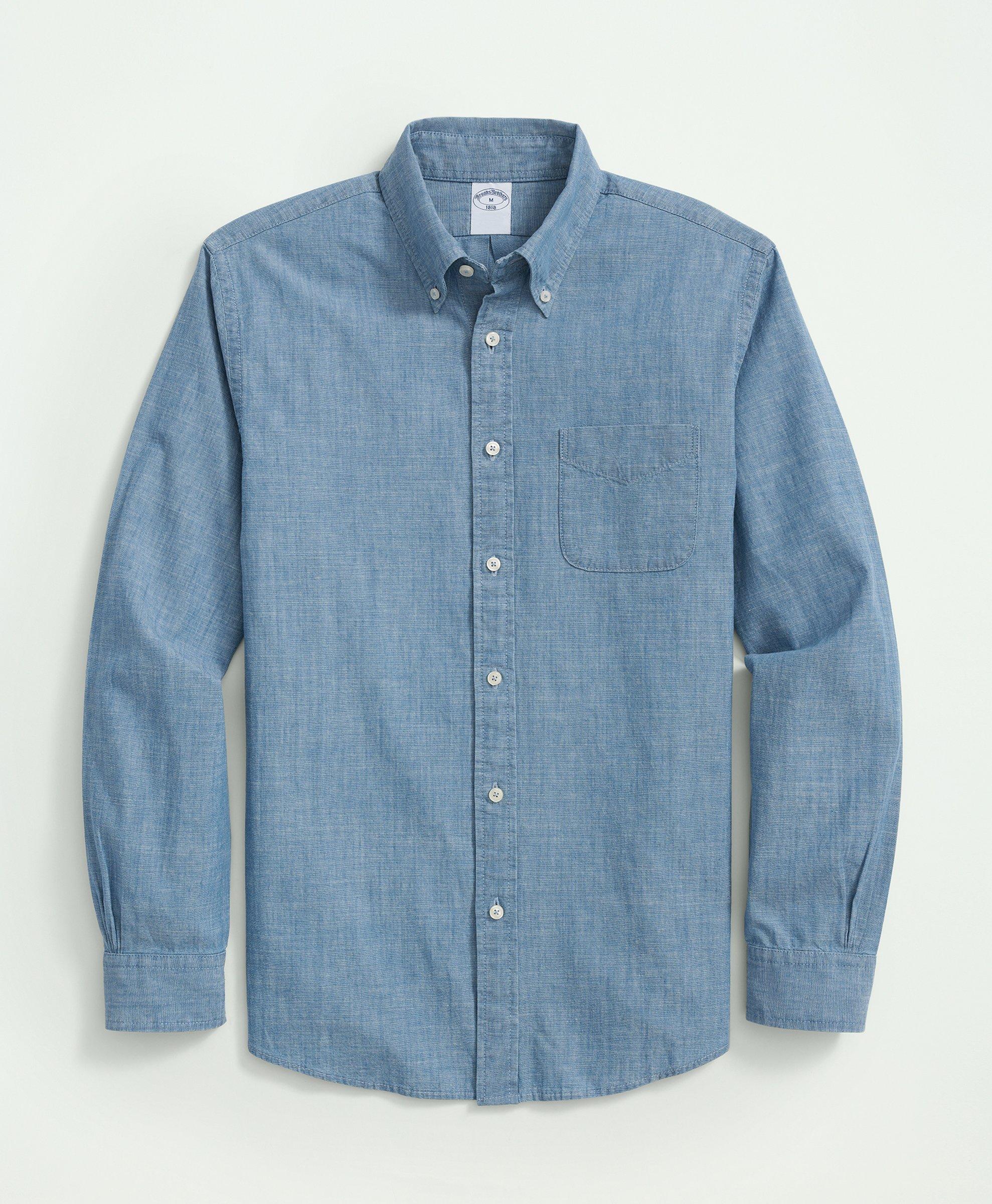 Brooks Brothers Chambray Cotton Poplin Polo Button Down Collar, Sport Shirt | Light Blue | Size Xs