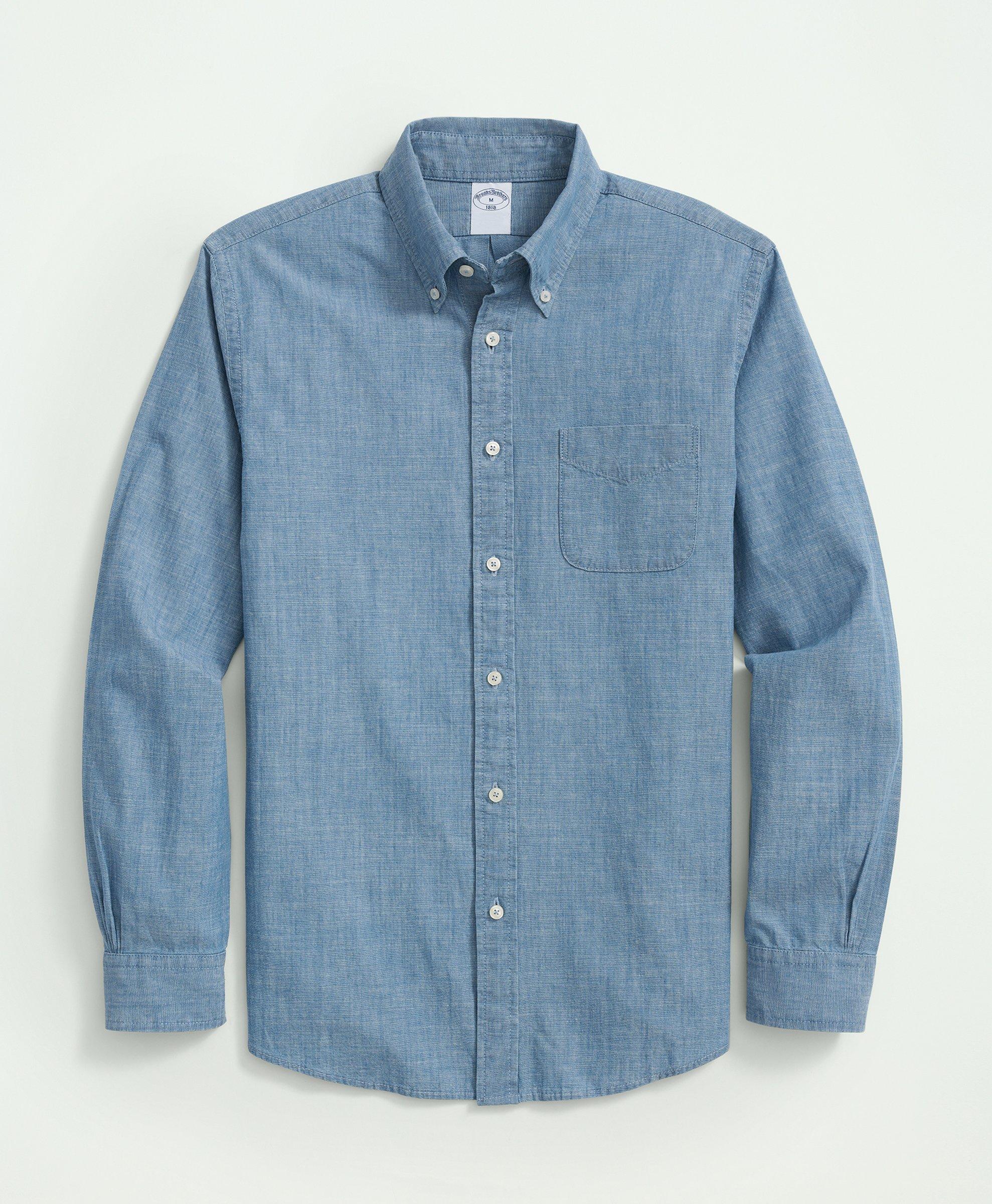 Brooks Brothers Chambray Cotton Poplin Polo Button Down Collar, Sport Shirt In Light Blue