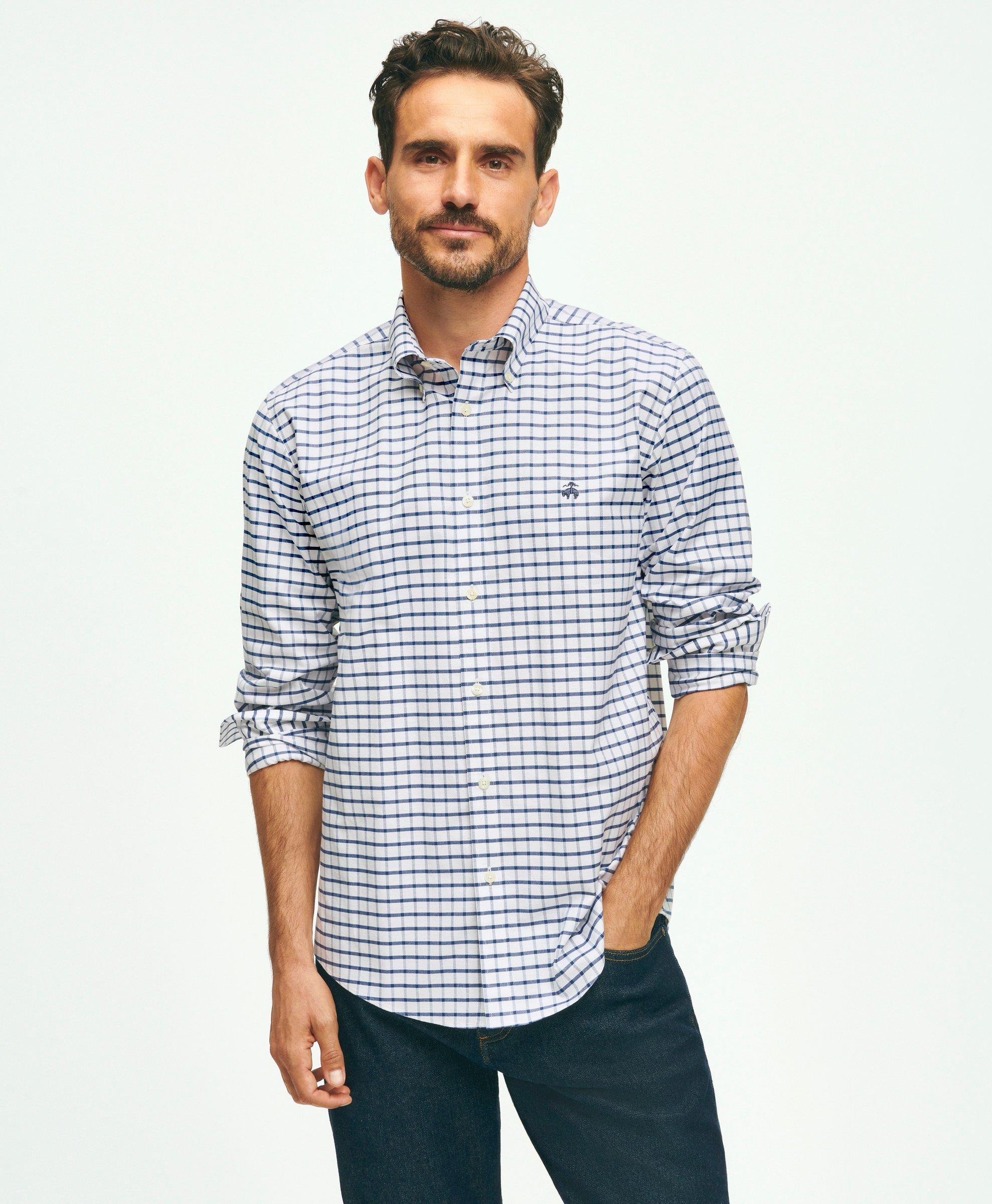 Brooks Brothers Stretch Cotton Non-iron Oxford Polo Button Down Collar, Windowpane Shirt In Navy