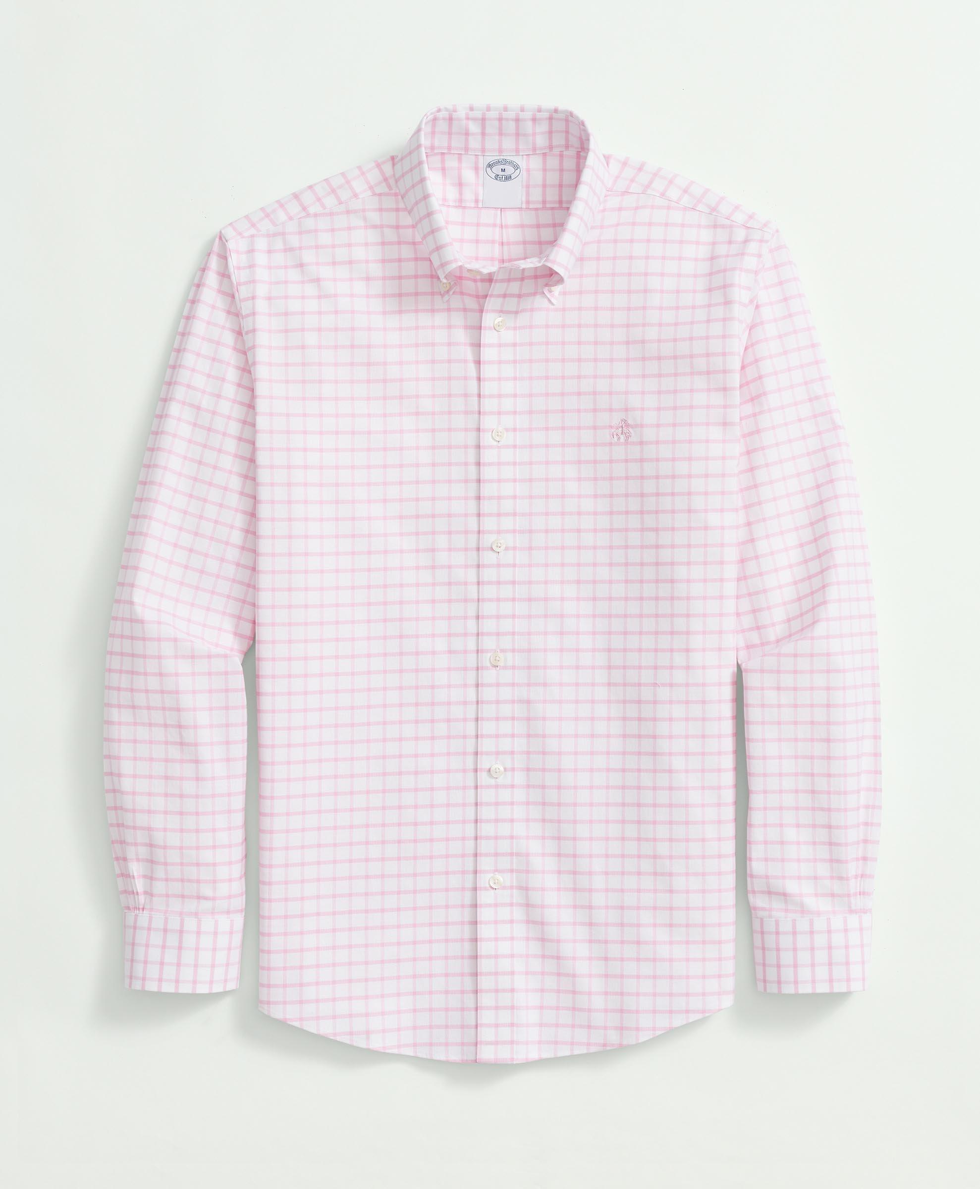 Brooks Brothers Big & Tall Stretch Cotton Non-iron Oxford Polo Button Down Collar, Windowpane Shirt In Pink