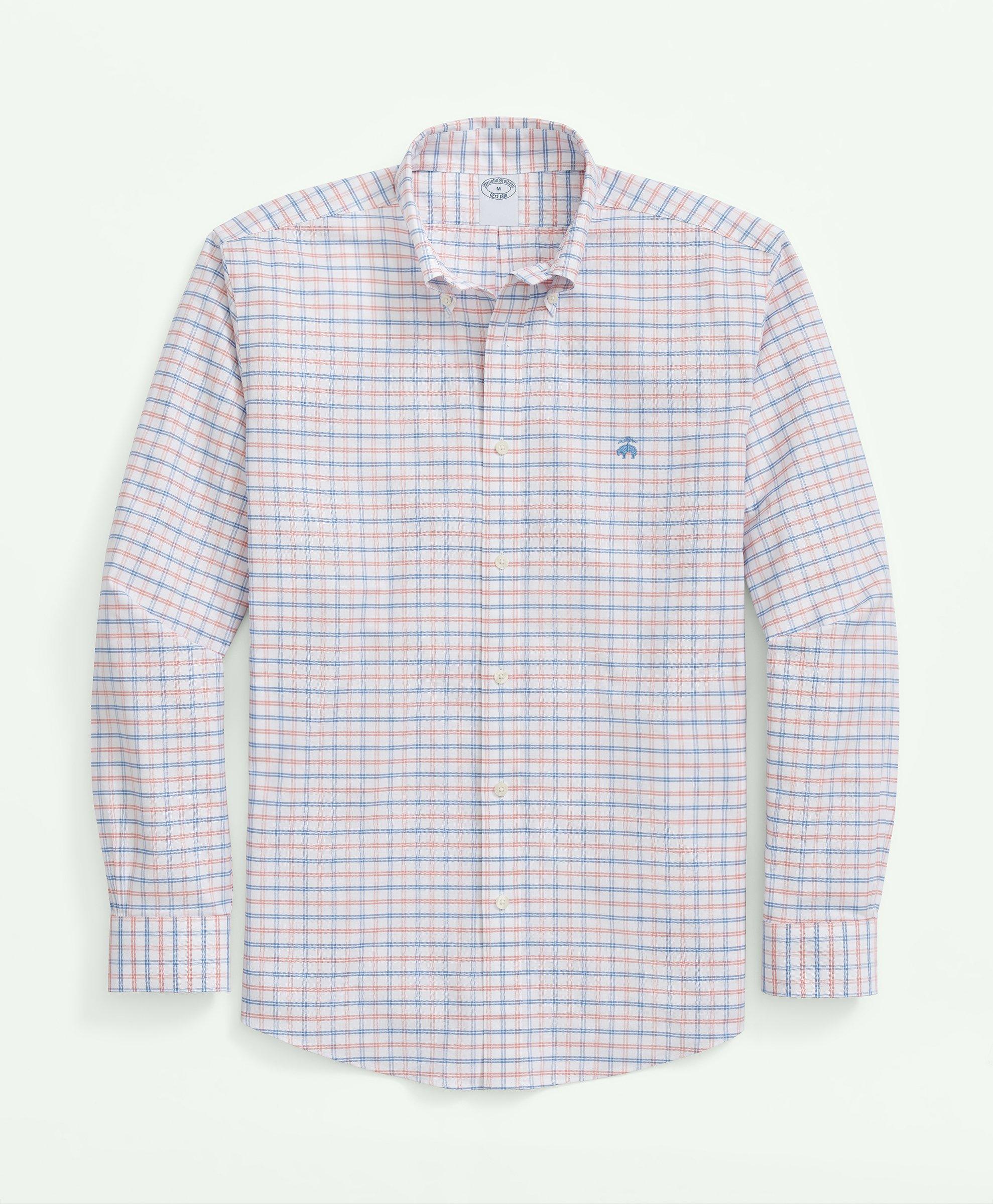 Shop Brooks Brothers Stretch Cotton Non-iron Oxford Polo Button Down Collar, Double Windowpane Shirt | Orange | Size Xl