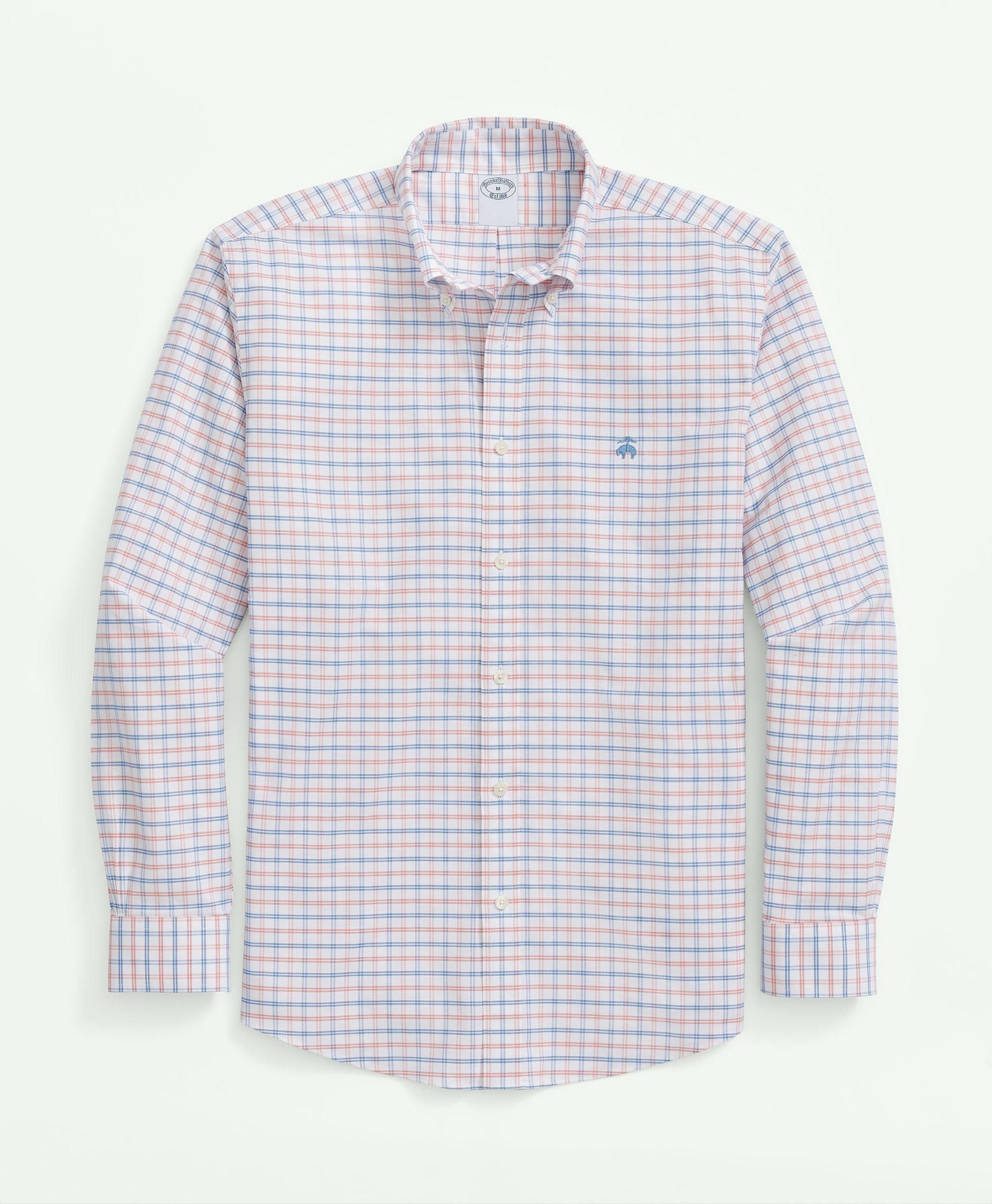 Brooks Brothers Stretch Cotton Non-iron Oxford Polo Button Down Collar, Double Windowpane Shirt In Orange