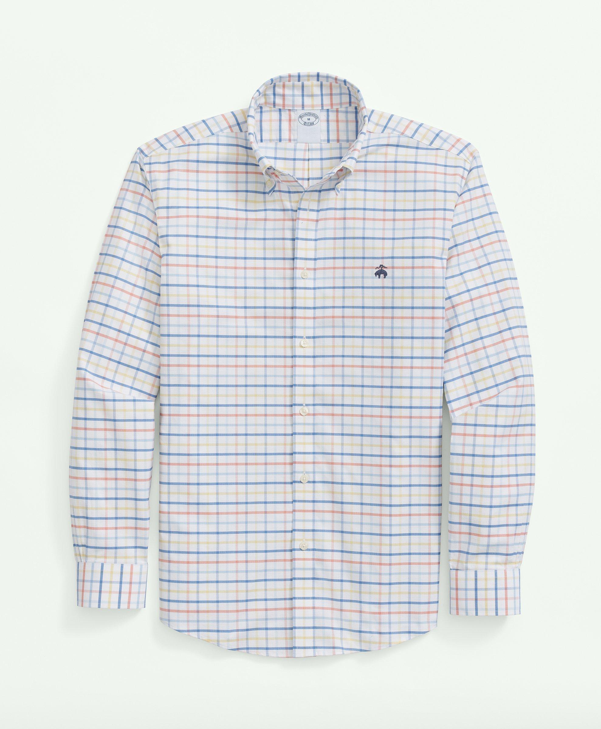 Shop Brooks Brothers Stretch Cotton Non-iron Oxford Polo Button Down Collar, Multi Windowpane Shirt | Orange | Size Xl