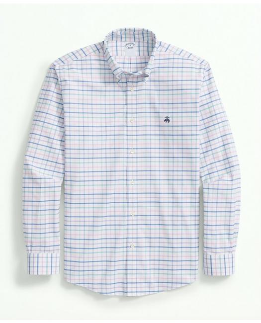 Brooks Brothers Stretch Cotton Non-iron Oxford Polo Button Down Collar, Multi Windowpane Shirt | Pink | Size Xl
