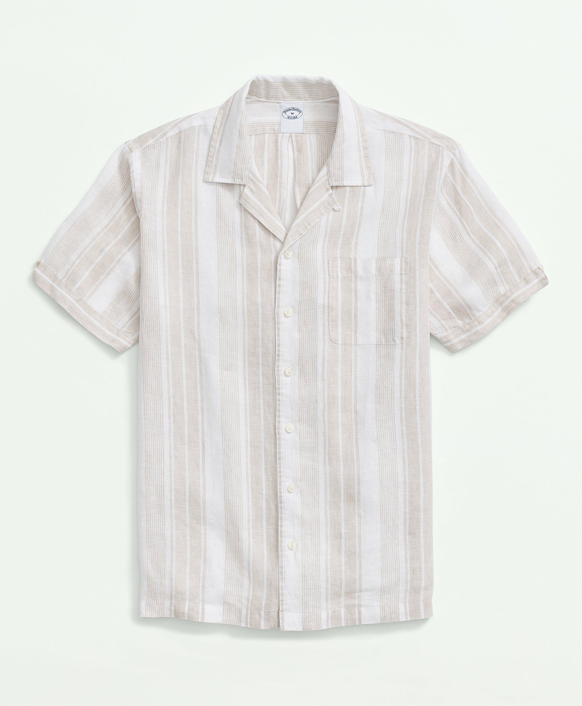 Brooks Brothers Irish Linen Short Sleeve Camp Collar Striped Sport Shirt | Khaki | Size Small