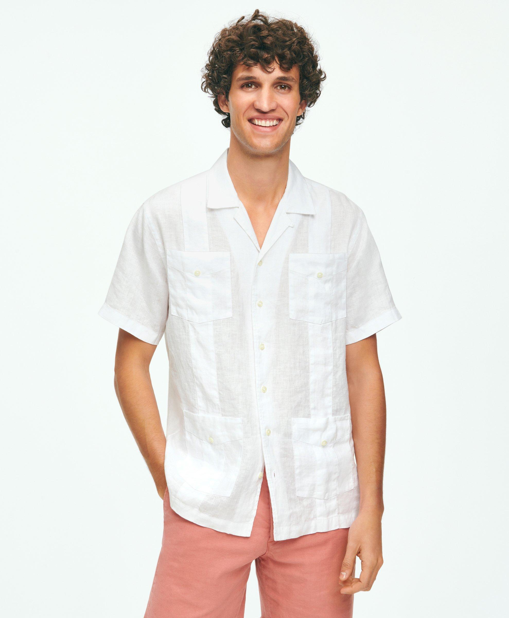 Brooks Brothers Irish Linen Short Sleeve Guayabera Shirt | White | Size Small