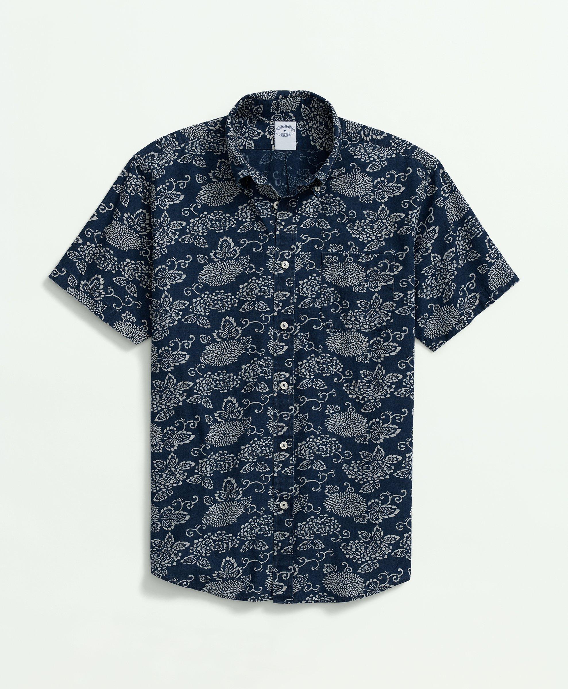 Brooks Brothers Signature Indigo Print Short Sleeve Sport Shirt In Indigo-dyed Cotton In Navy