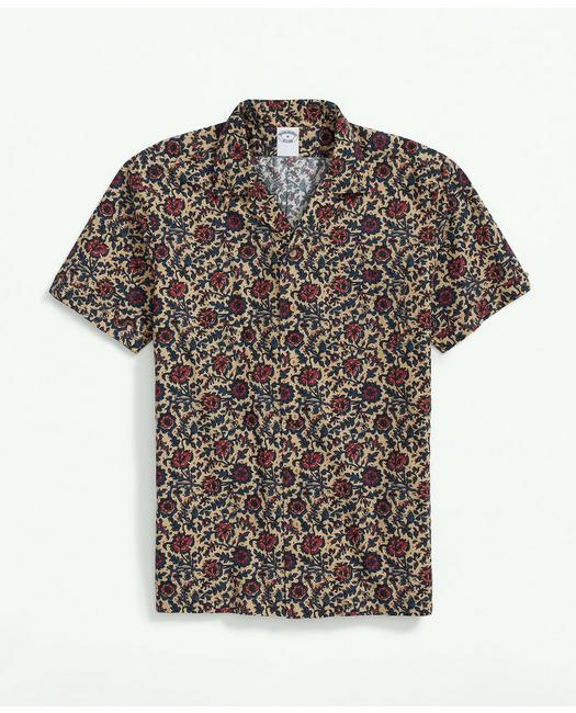 Shop Brooks Brothers Cotton Short Sleeve Camp Collar Shirt In Batik-inspired Floral Print | Khaki | Size Medium
