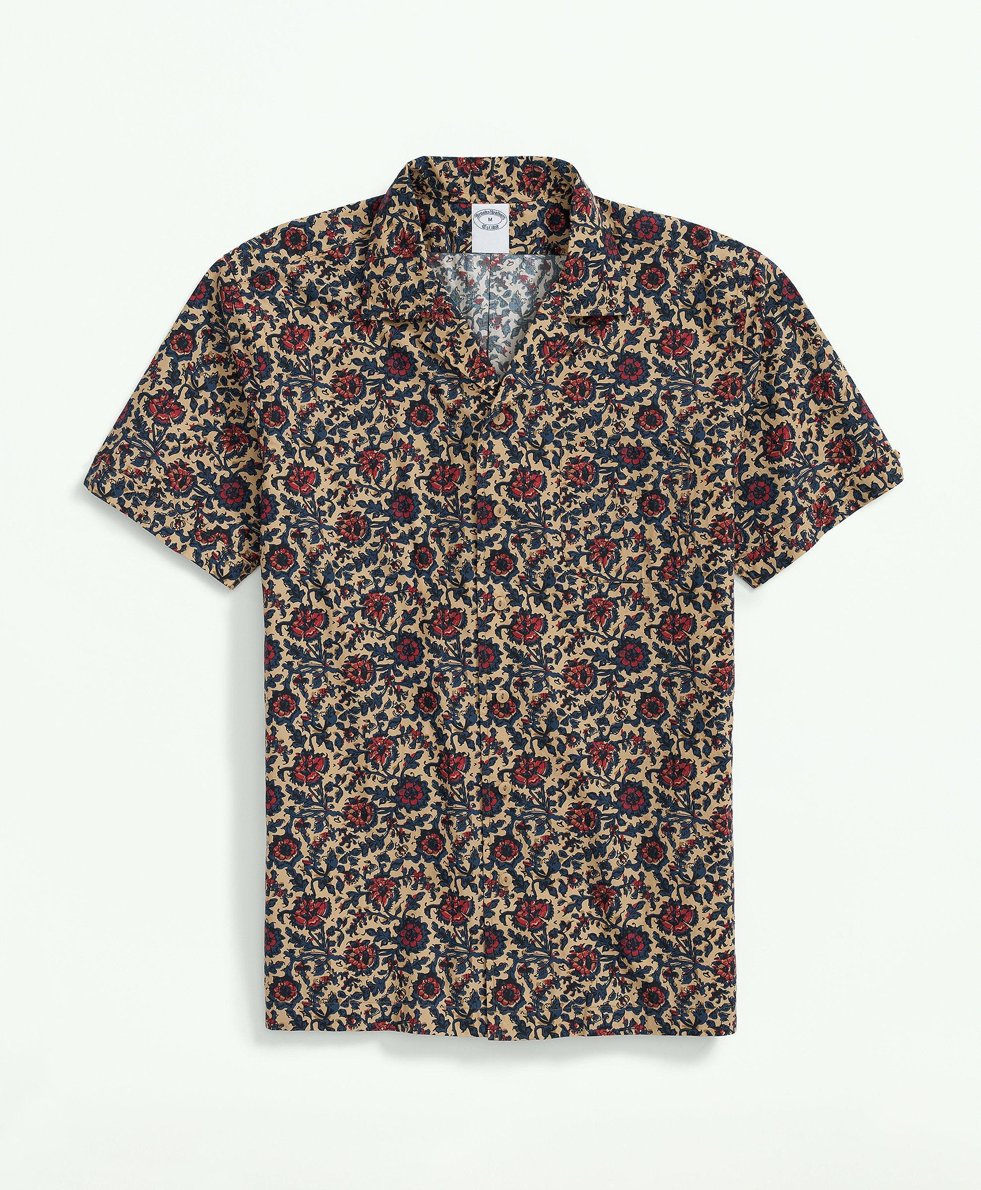 Shop Brooks Brothers Cotton Short Sleeve Camp Collar Shirt In Batik-inspired Floral Print | Khaki | Size Large