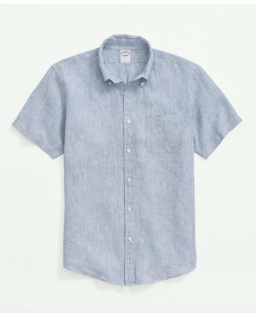 Shop Brooks Brothers Irish Linen Short Sleeve Candy Striped Sport Shirt | Dark Blue | Size Small