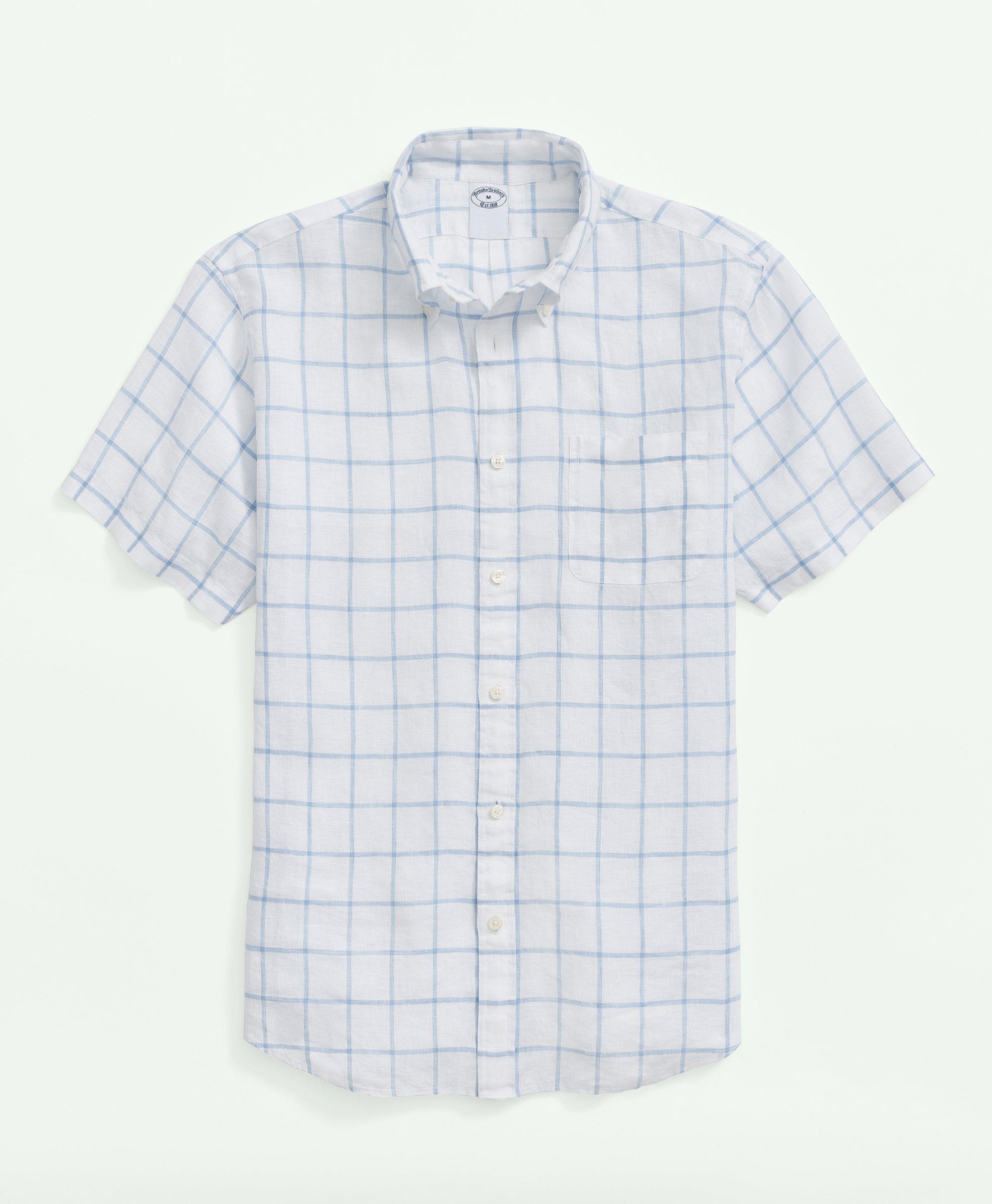 Shop Brooks Brothers Irish Linen Short Sleeve Plaid Sport Shirt | White | Size Large