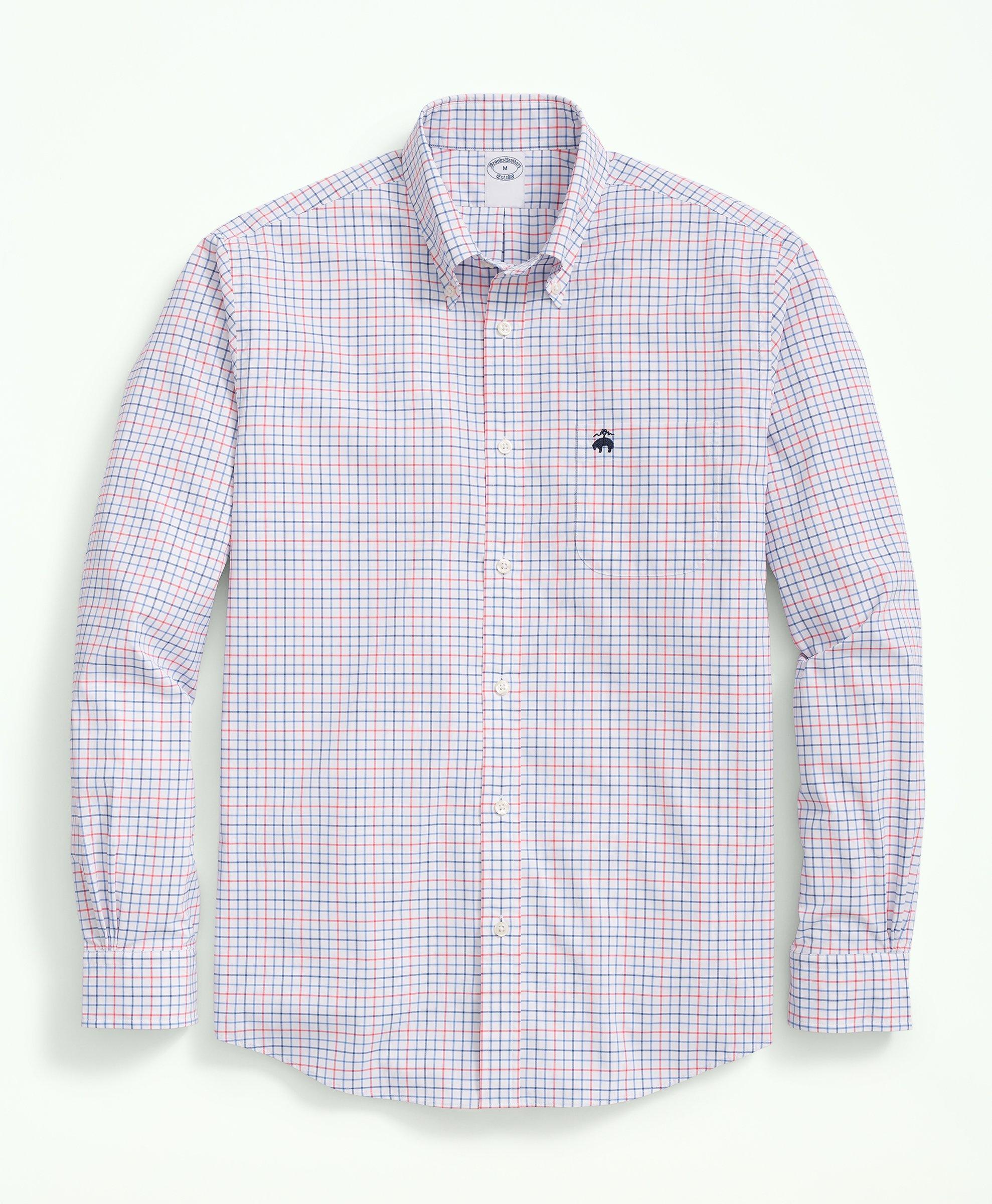 Brooks Brothers Performance Series Stretch Button-down Collar, Checked Sport Shirt In Light Blue