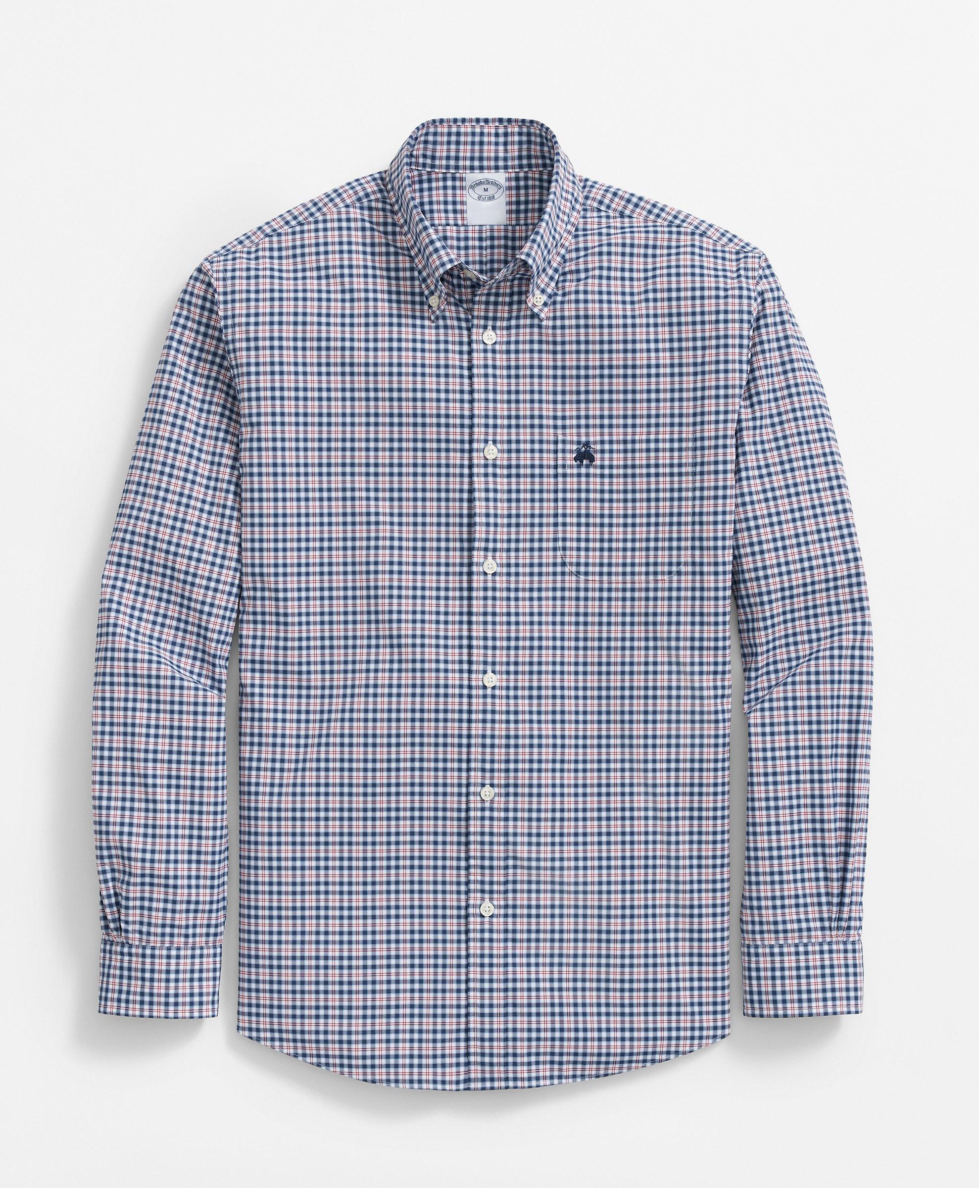 Brooks Brothers Performance Series Stretch Button-down Collar, Checked Sport Shirt In Navy