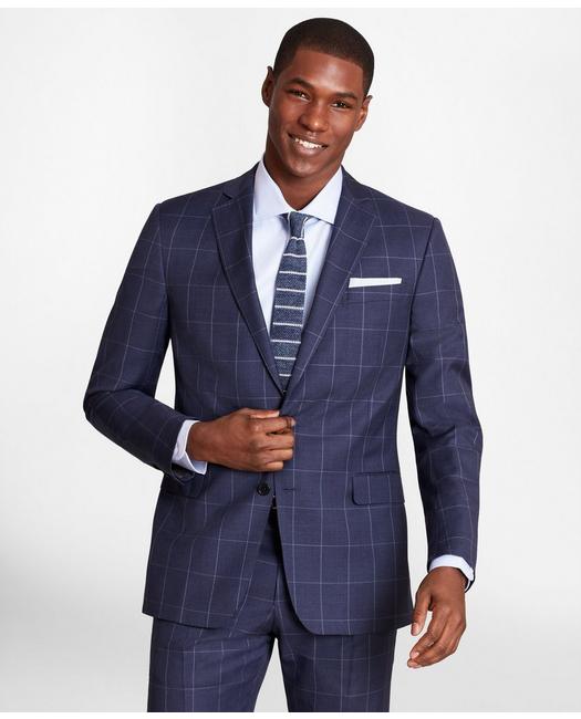 Brooks Brothers Regent-fit Windowpane Wool Twill Suit Jacket | Blue | Size 41 Long