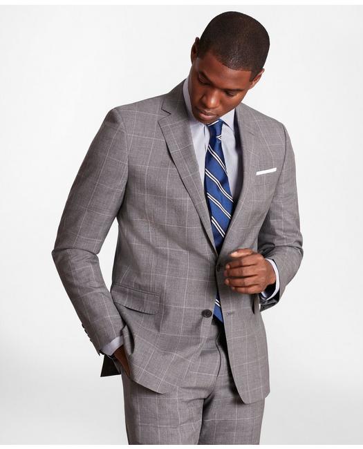 Brooks Brothers Regent-fit Windowpane Wool Suit Jacket | Grey | Size 41 Long