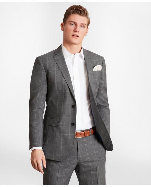 Brooks Brothers Milano-fit Windowpane Wool Suit Jacket | Grey | Size 39 Regular