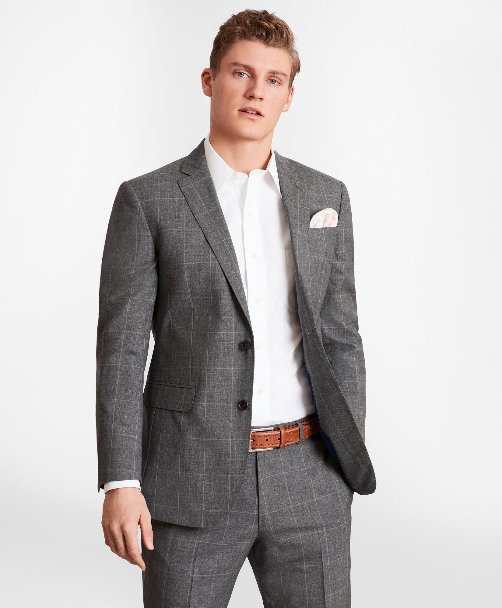 Brooks Brothers Milano-fit Windowpane Wool Suit Jacket | Grey | Size 39 Regular