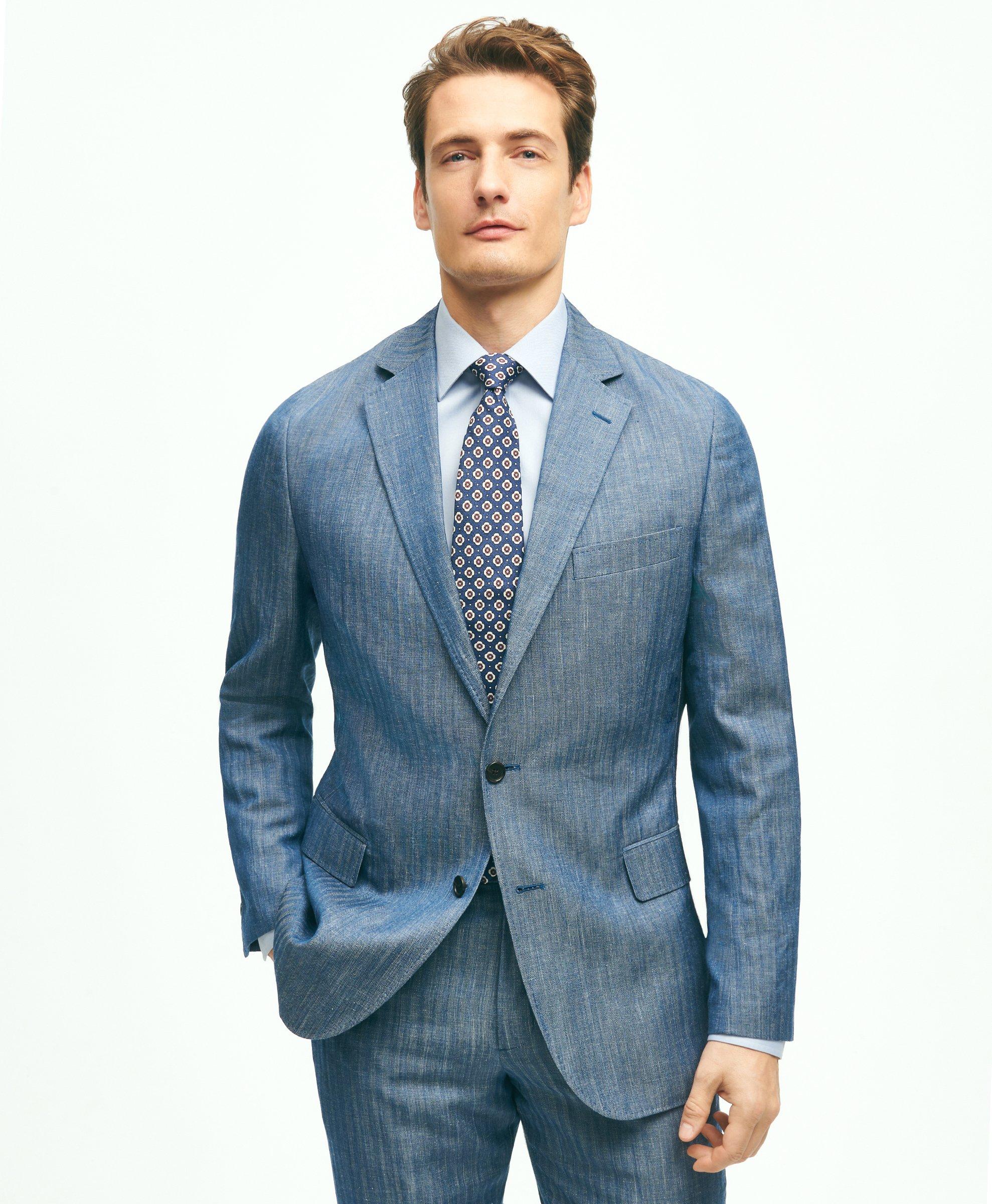 Brooks Brothers Regent Fit Wool Linen Herringbone Suit Jacket | Blue | Size 44 Regular
