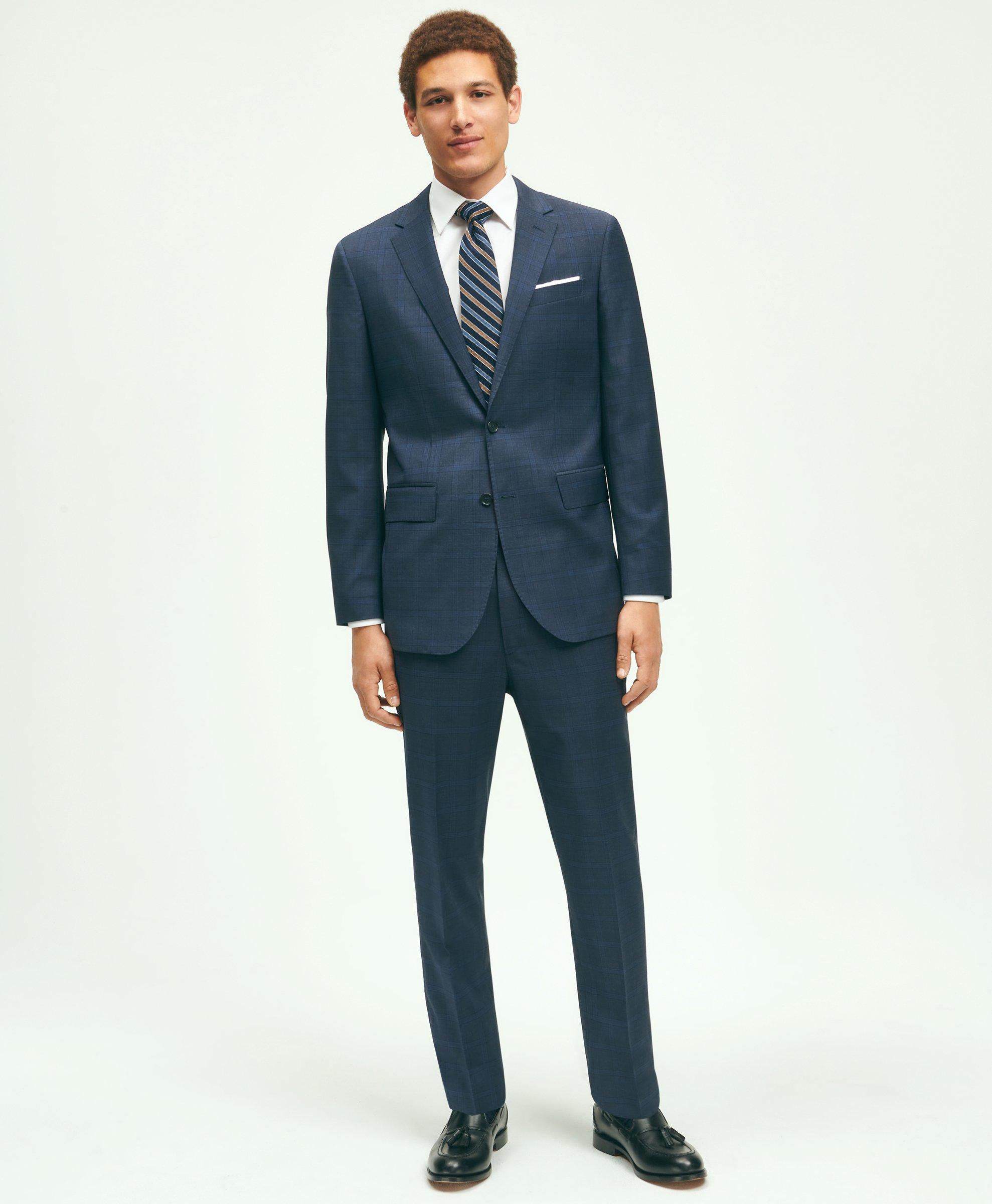 Brooks Brothers Slim Fit Wool Checked 1818 Suit | Navy | Size 42 Long
