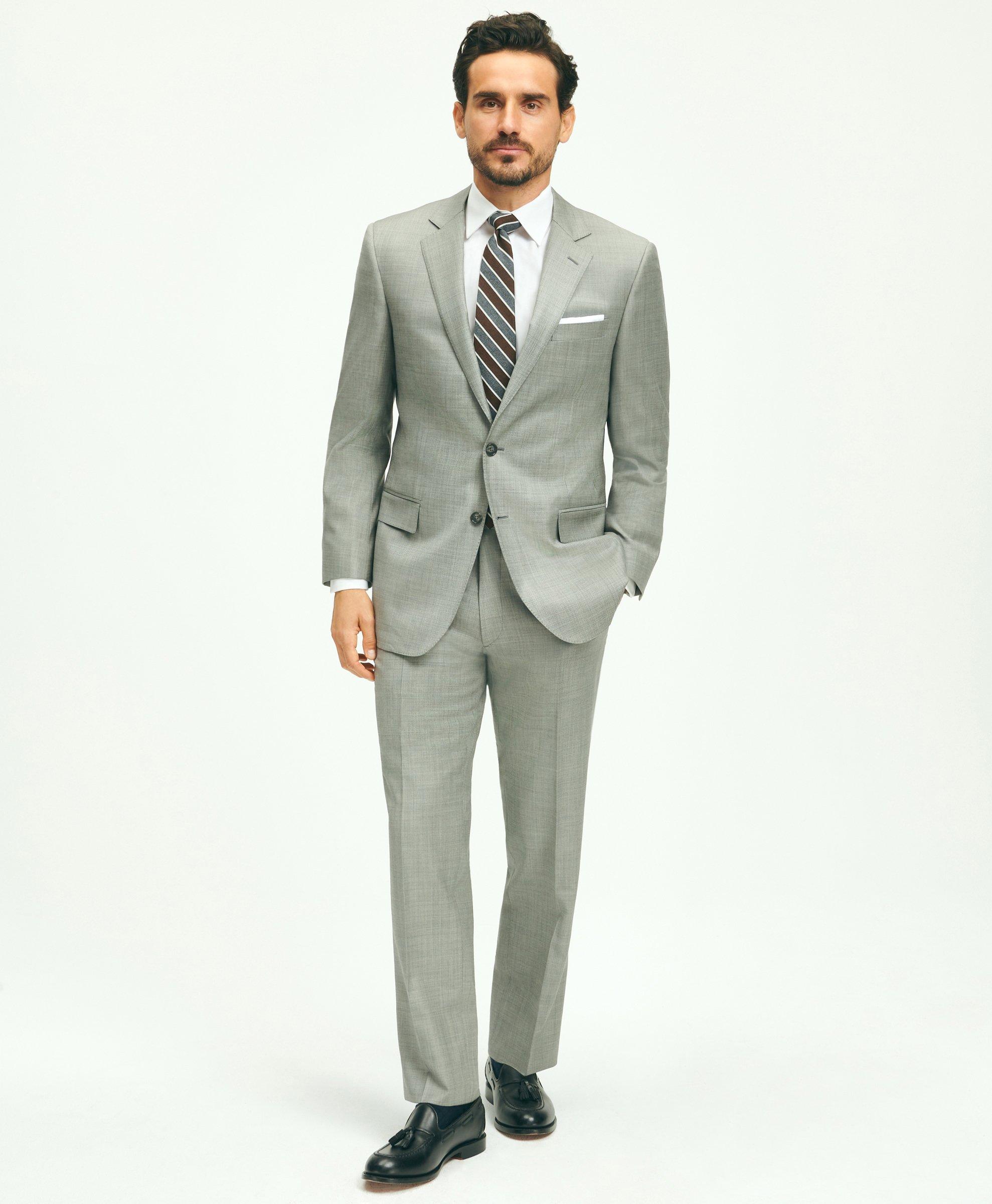 Brooks Brothers Traditional Fit Wool Sharkskin 1818 Suit | Light Grey | Size 46 Regular
