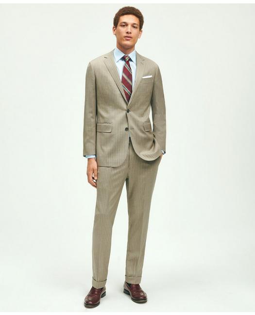 Brooks Brothers Slim Fit Wool Pinstripe 1818 Suit | Beige | Size 42 Regular