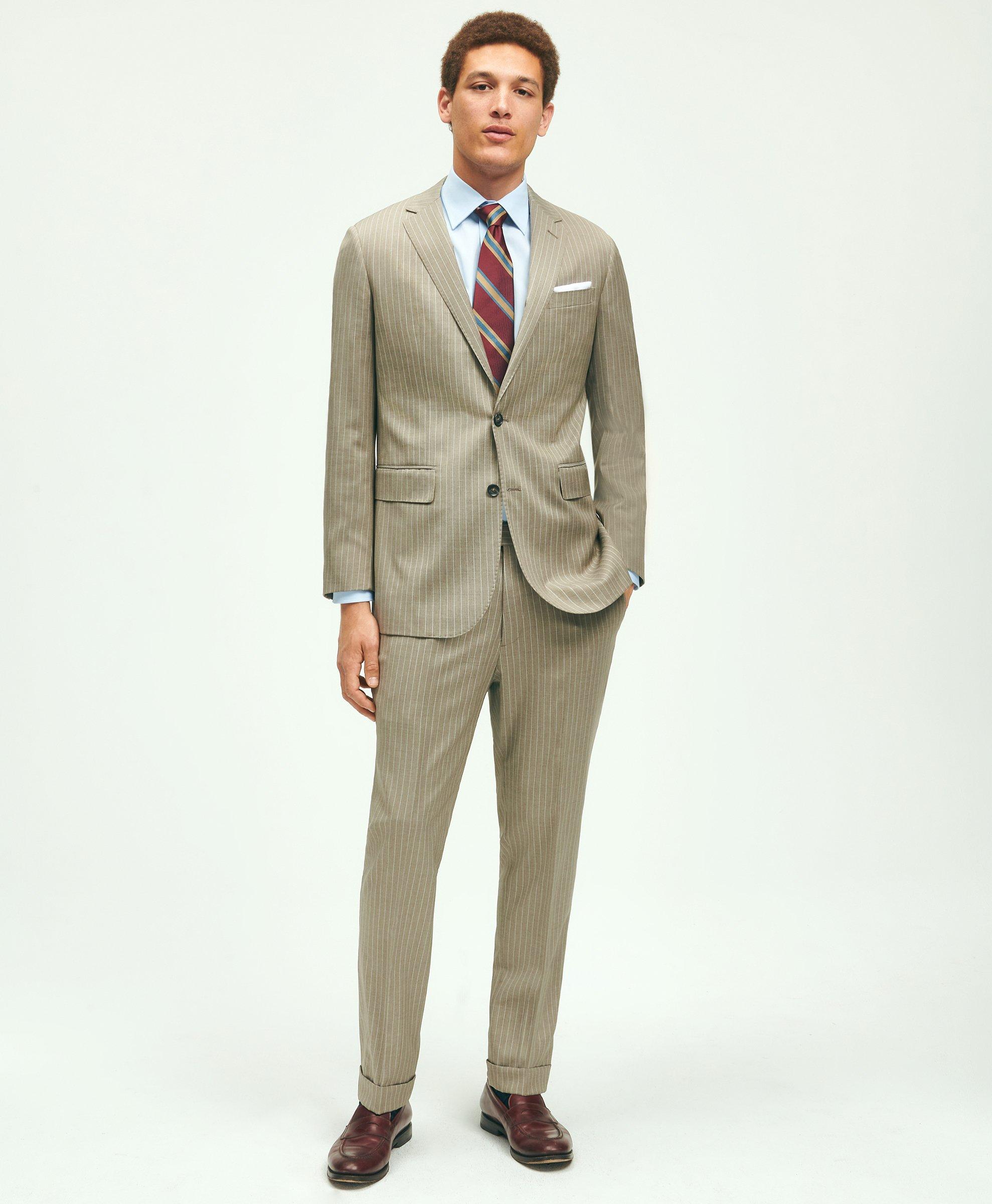 Brooks Brothers Slim Fit Wool Pinstripe 1818 Suit | Beige | Size 40 Regular