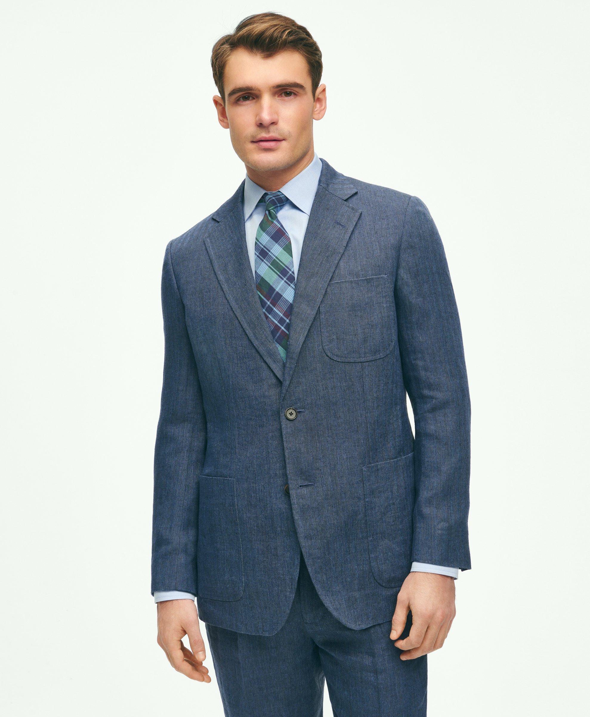 Shop Brooks Brothers Slim Fit Linen-blend Herringbone Suit Jacket | Navy | Size 42 Regular