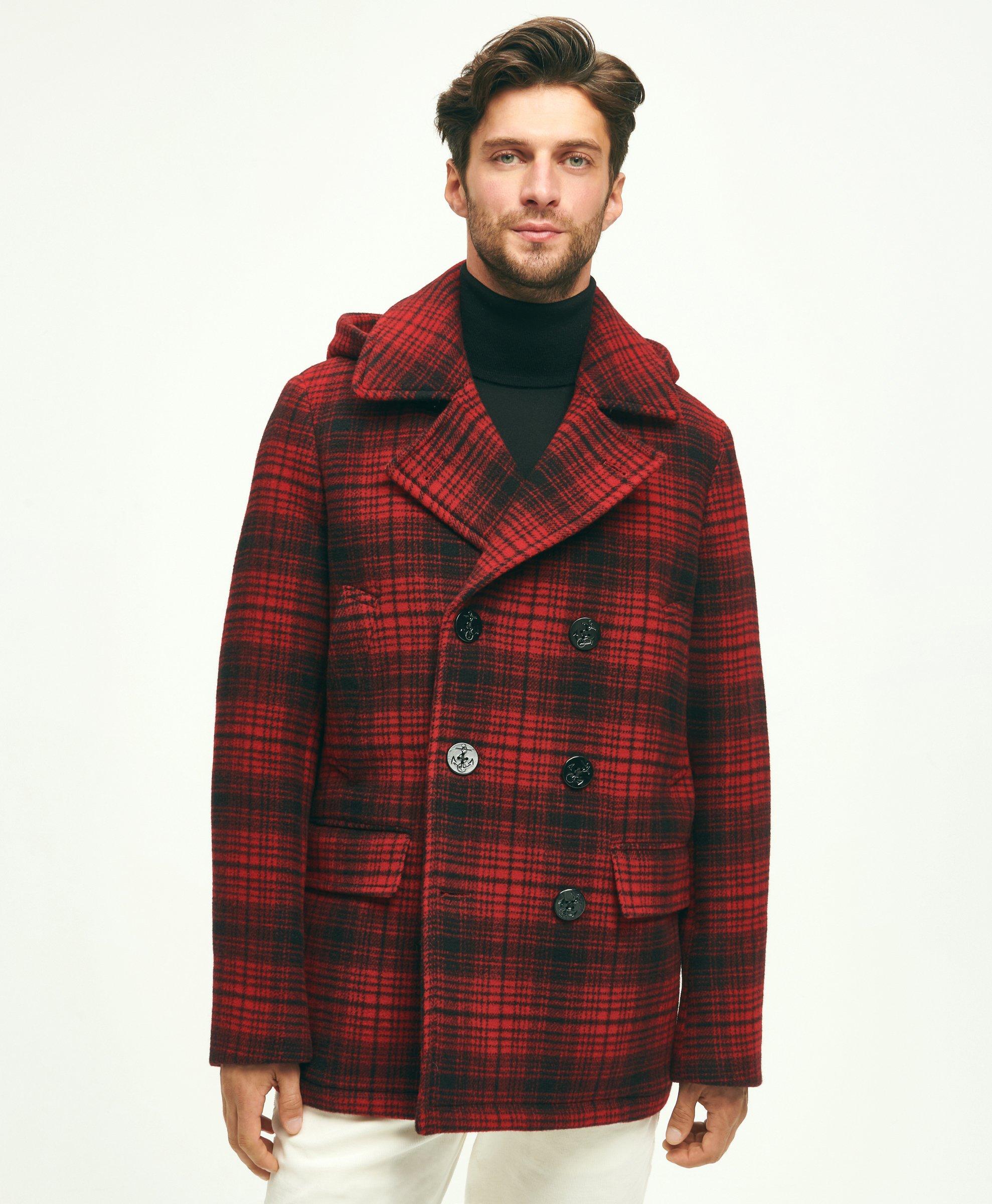Shop Brooks Brothers Wool Hooded Buffalo Check Pea Coat | Red | Size Xl