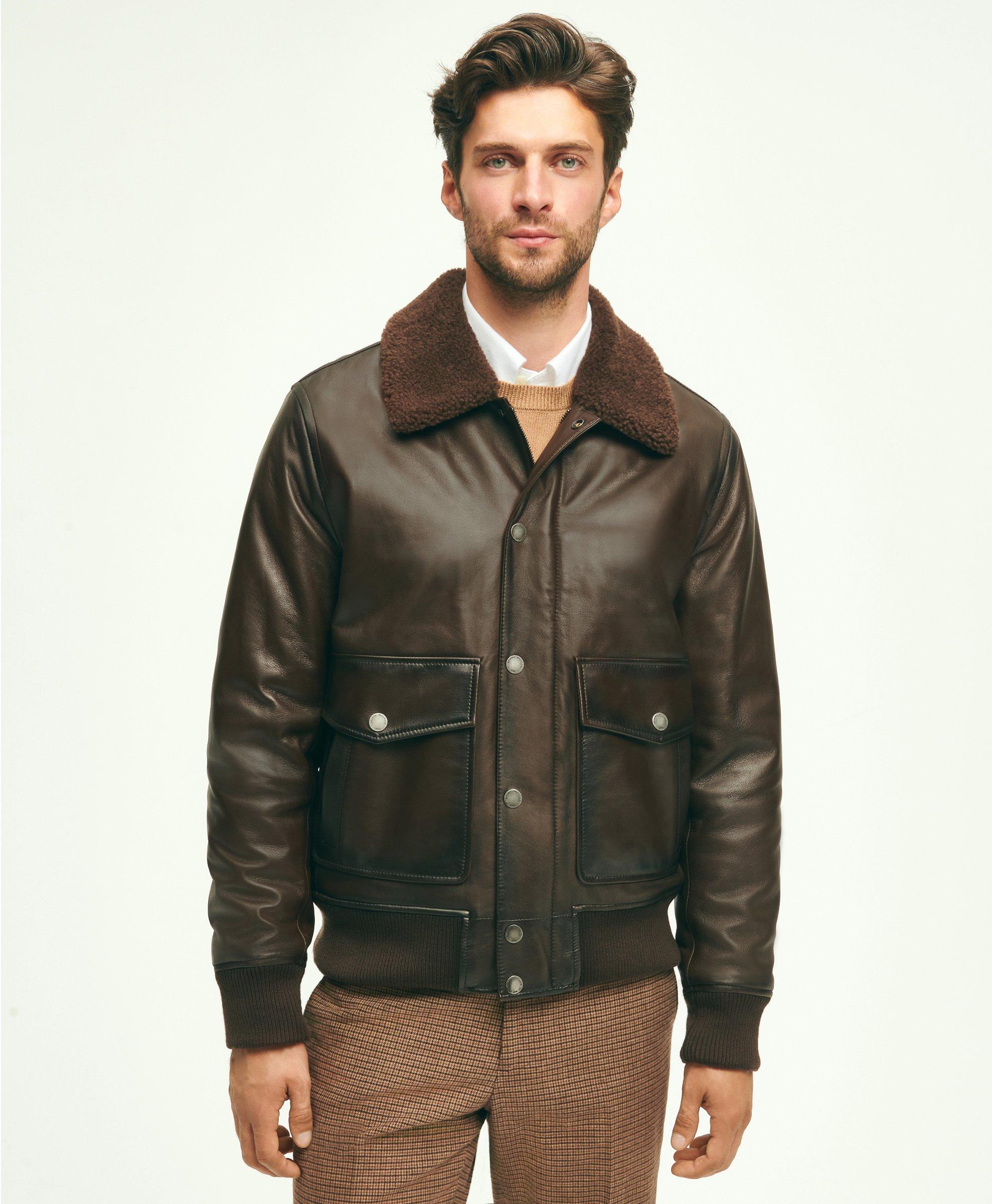 Brooks Brothers Leather Shearling Flight Jacket | Dark Brown | Size Large