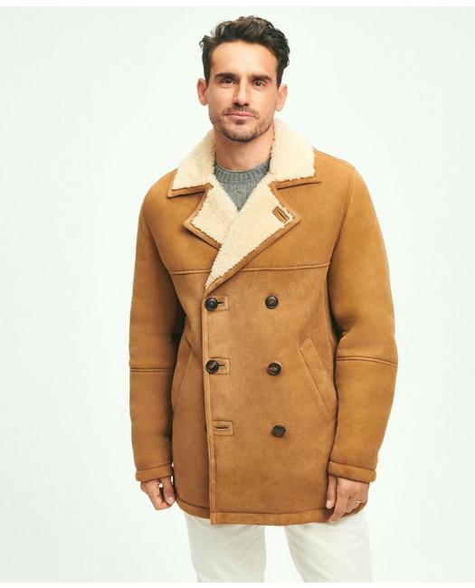 Brooks Brothers Shearling Double-breasted Coat | Tan | Size Large