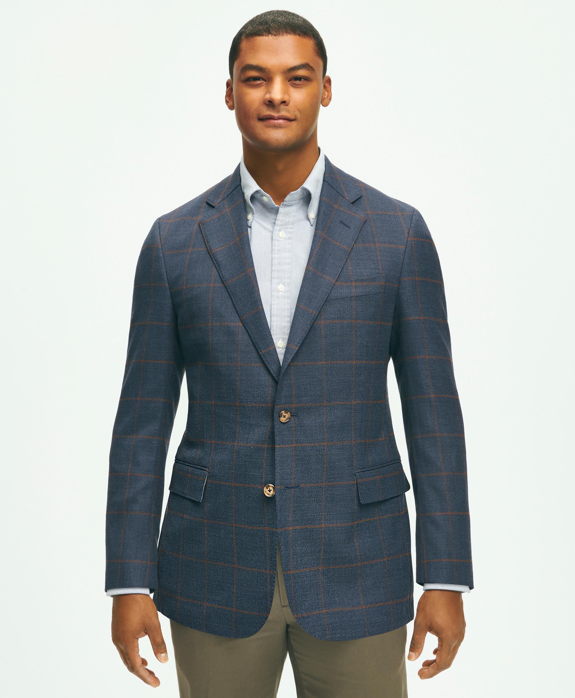 Brooks Brothers Classic Fit Stretch Wool Hopsack Windowpane Sport Coat | Navy | Size 40 Short
