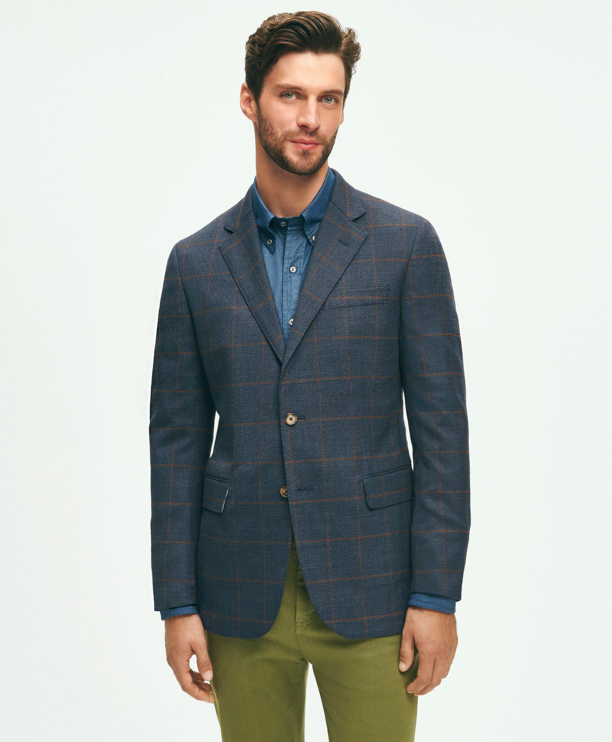 Brooks Brothers Slim Fit Stretch Wool Hopsack Windowpane Sport Coat | Navy | Size 42 Regular