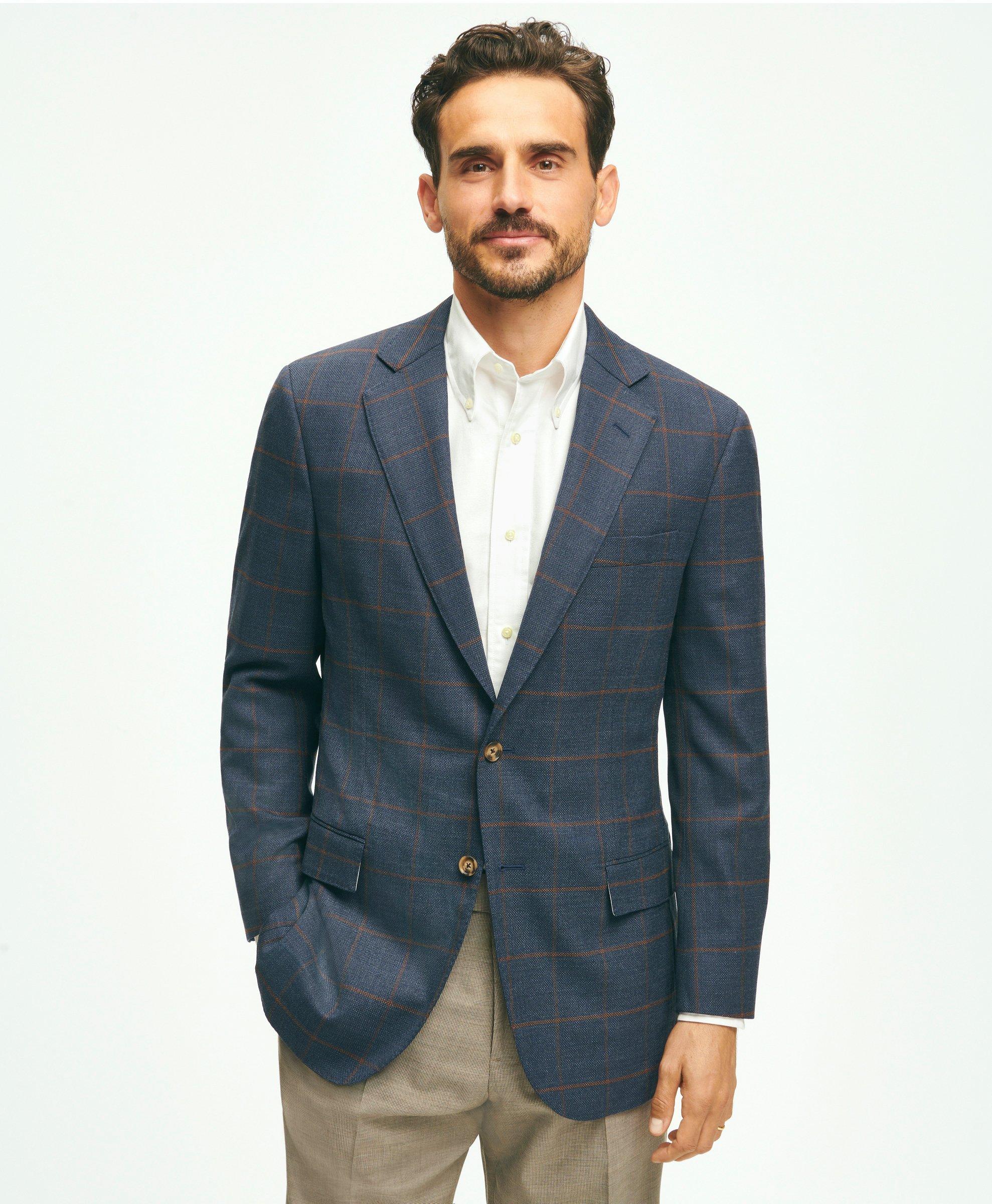 Brooks Brothers Traditional Fit Stretch Wool Hopsack Windowpane Sport Coat | Navy | Size 42 Regular