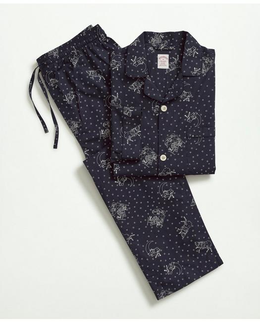 Brooks Brothers Cotton Poplin Henry Print Pajamas | Navy | Size Medium