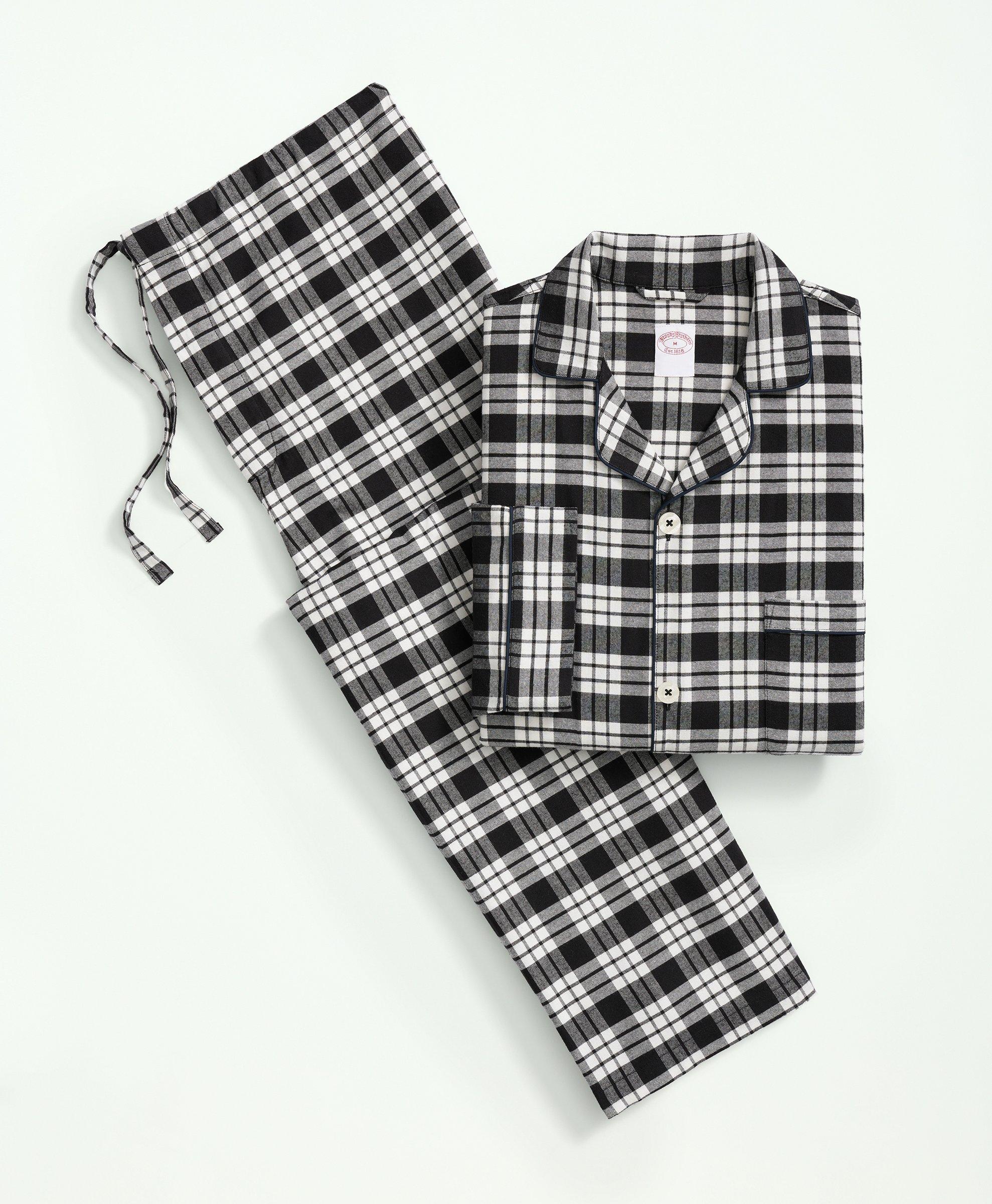 Brooks Brothers Cotton Flannel Tartan Pajamas | White/black | Size Xl In White,black