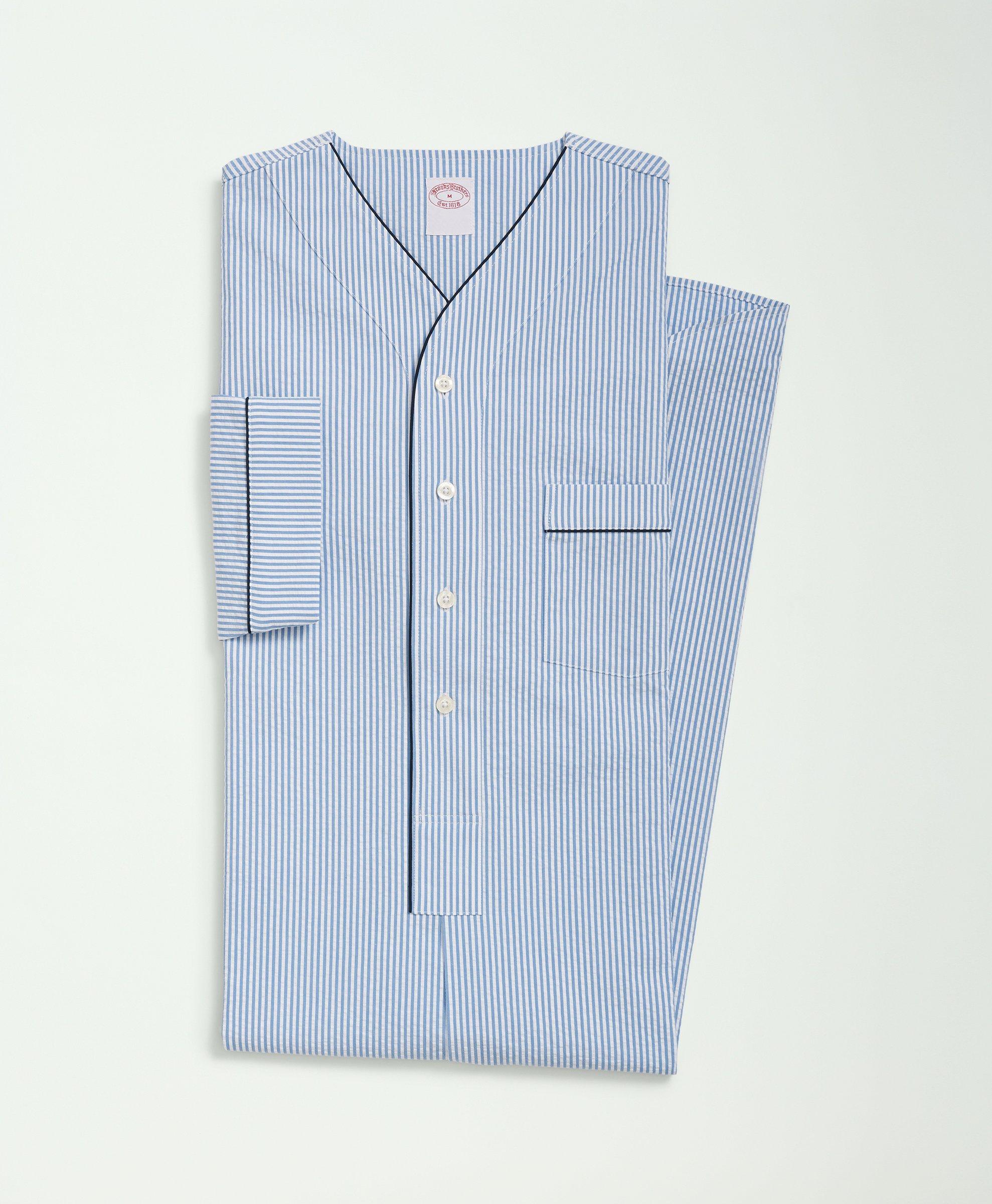 Brooks Brothers Stretch Cotton Seersucker Striped Nightshirt | Blue | Size Xl