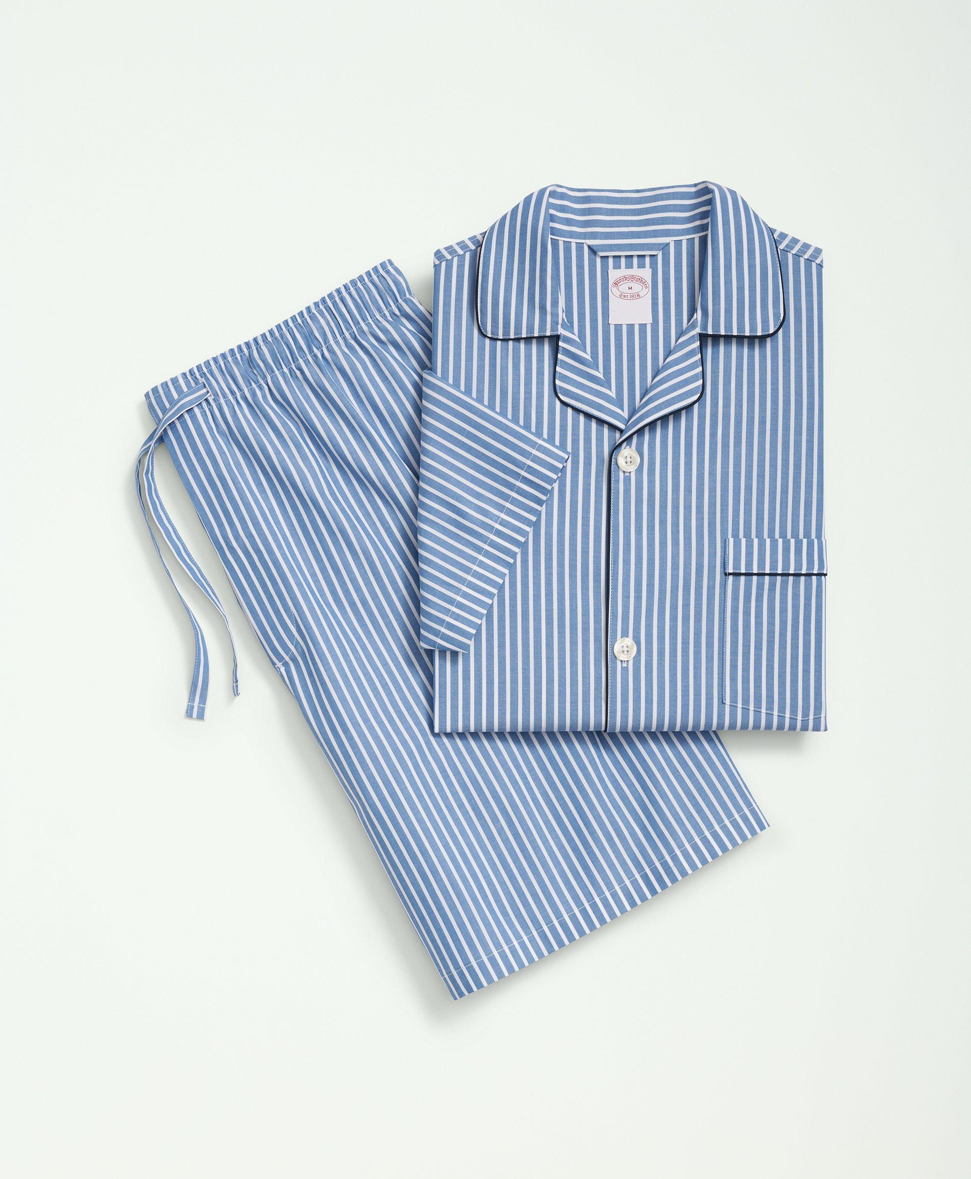 Brooks Brothers Cotton Broadcloth Bengal Striped Short Pajamas | Bright Blue | Size Medium