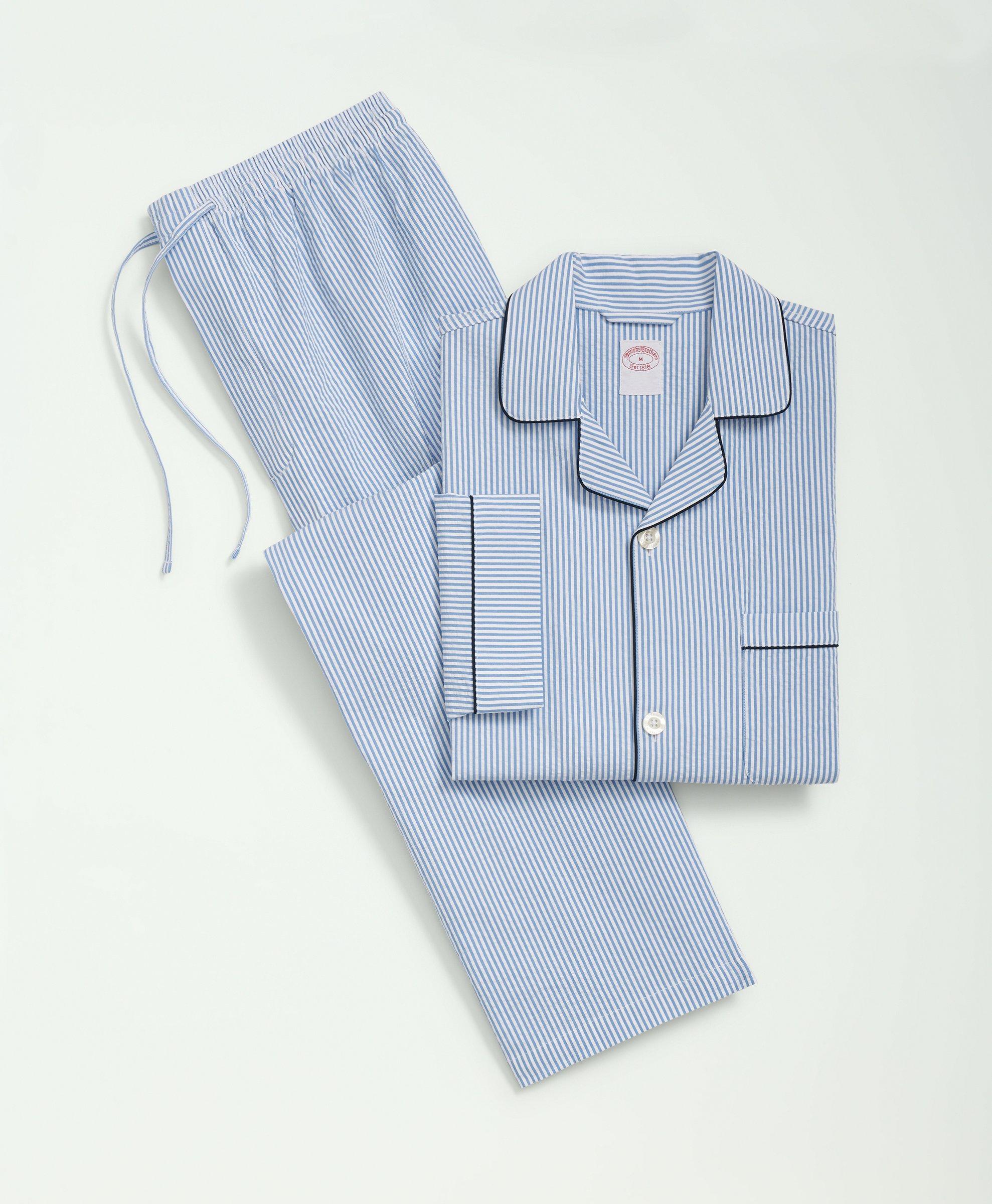 Brooks Brothers Stretch Cotton Seersucker Striped Pajamas | Blue | Size 2xl