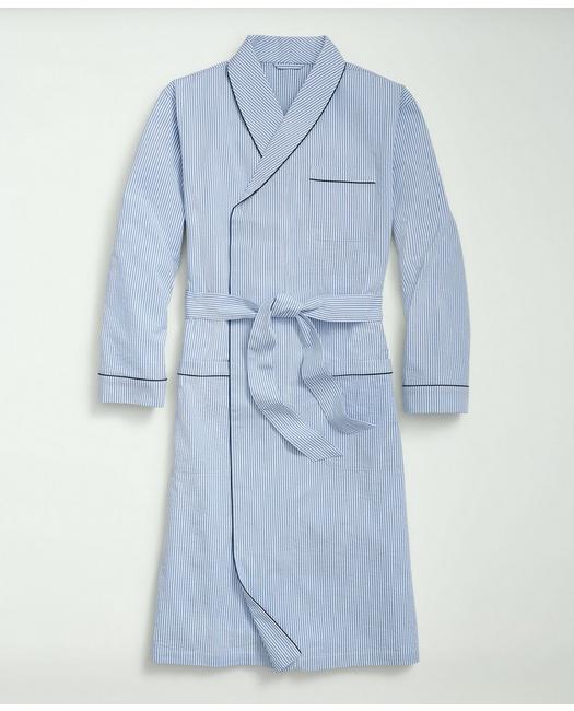 Brooks Brothers Stretch Cotton Seersucker Striped Robe | Blue | Size Small