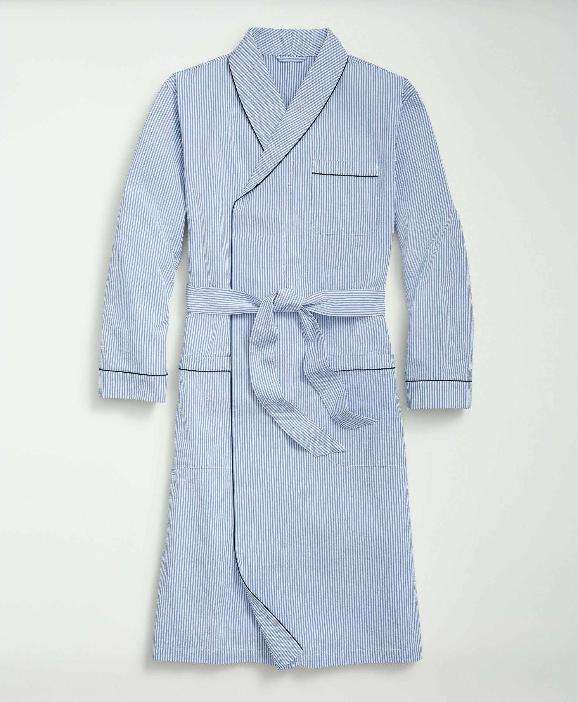Brooks Brothers Stretch Cotton Seersucker Striped Robe | Blue | Size Small