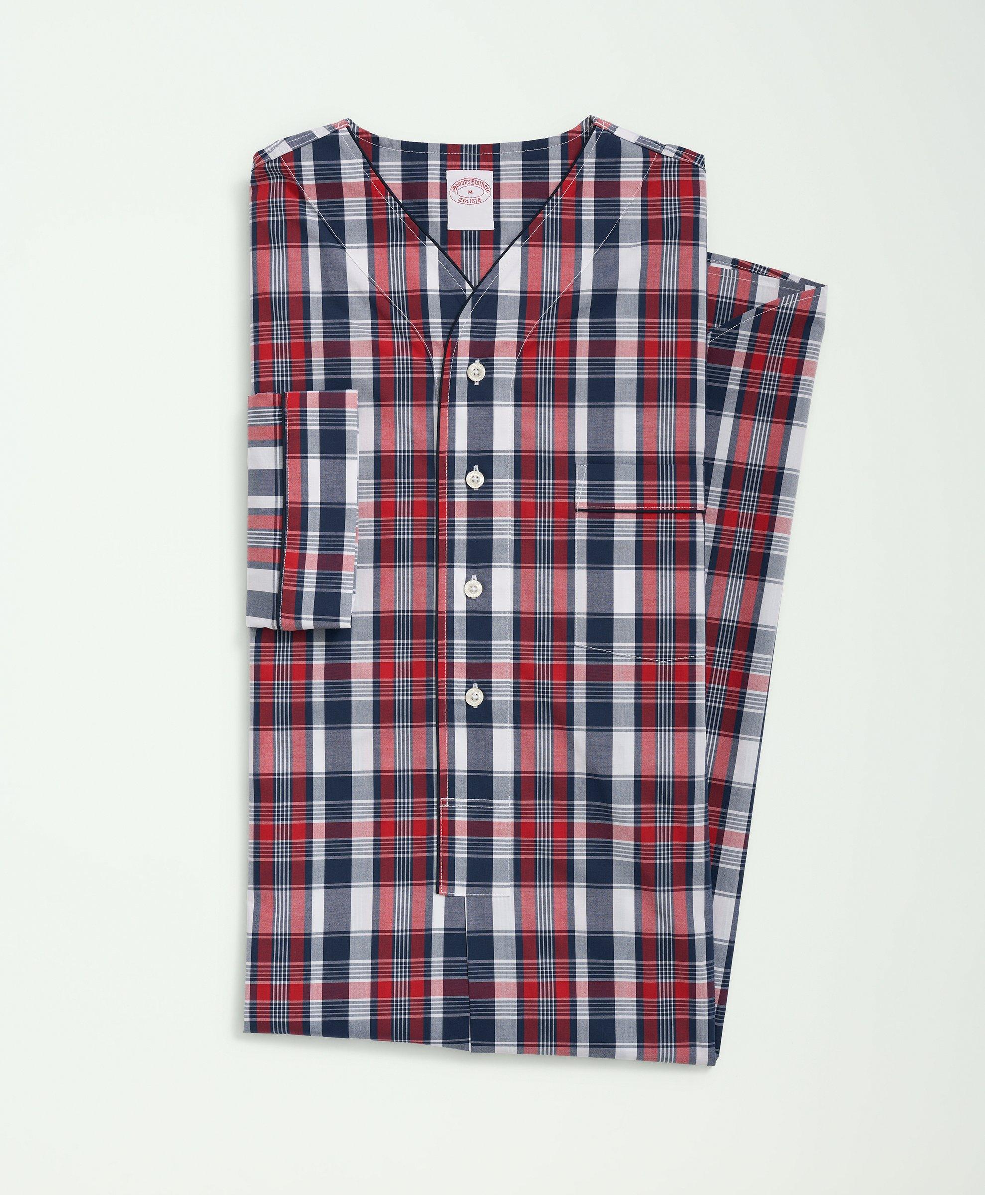 Brooks Brothers Cotton Poplin Madras Pattern Nightshirt | Red/navy | Size Xs In Red,navy
