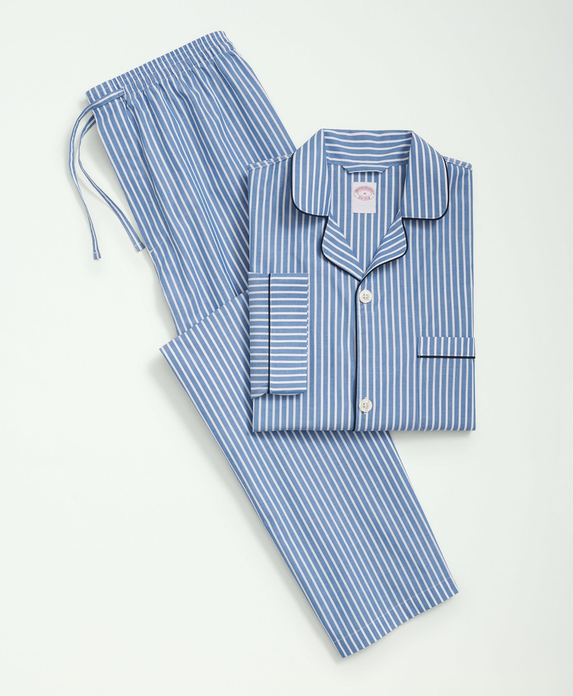 Brooks Brothers Cotton Broadcloth Bengal Striped Pajamas | Bright Blue | Size Small
