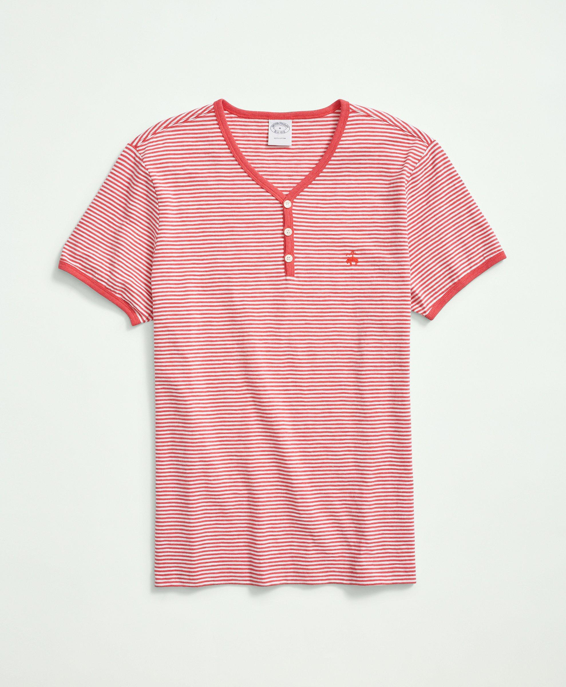 Brooks Brothers Short-sleeve Striped Slub Cotton Henley | Red | Size Xs